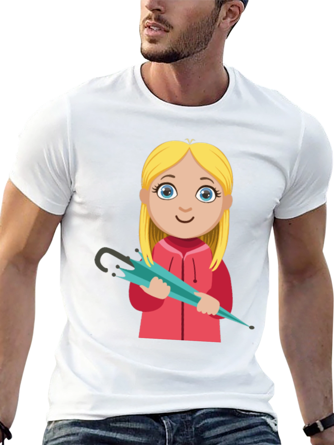 Cartoon Girl with Umbrella Black T-Shirt