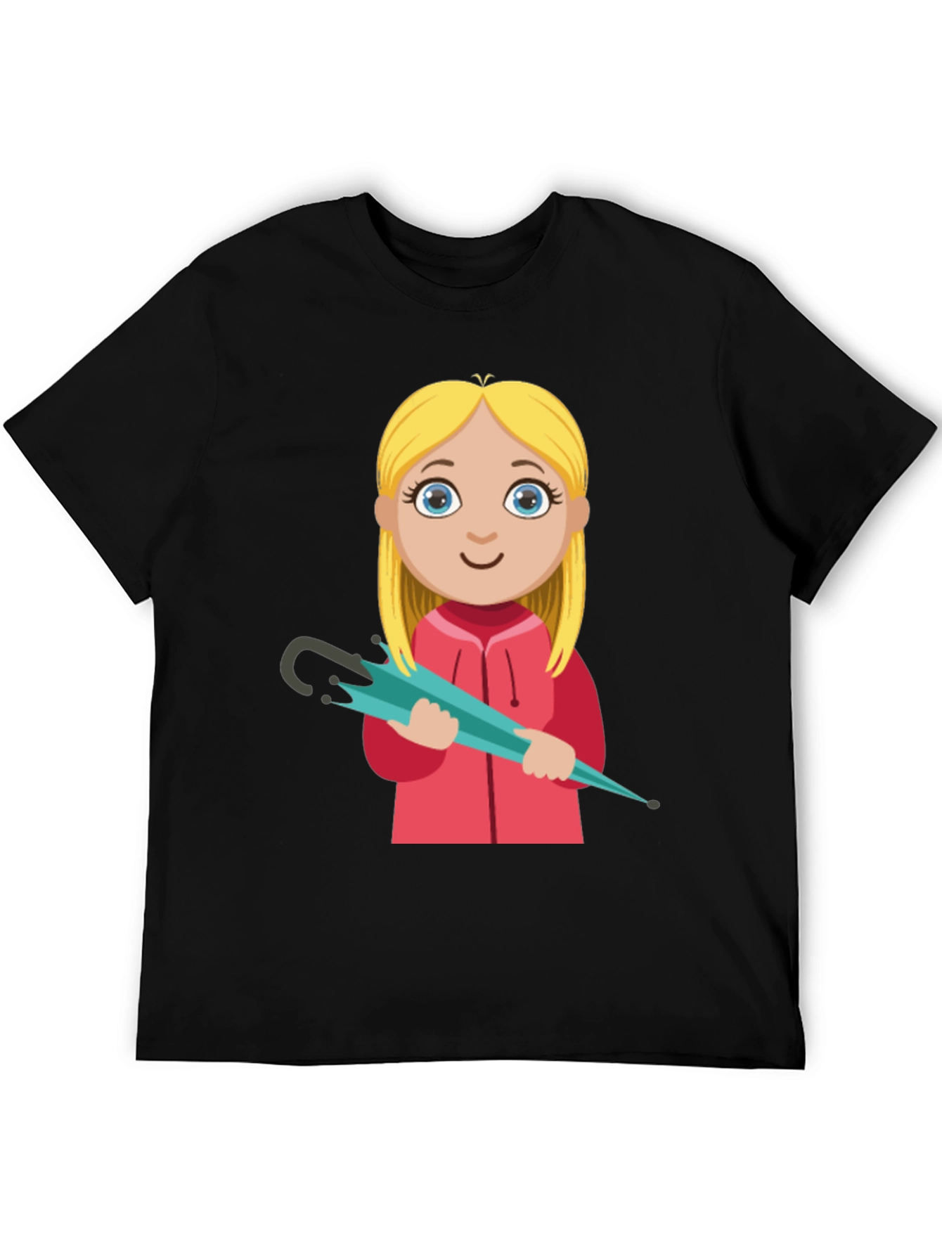 Cartoon Girl with Umbrella Black T-Shirt