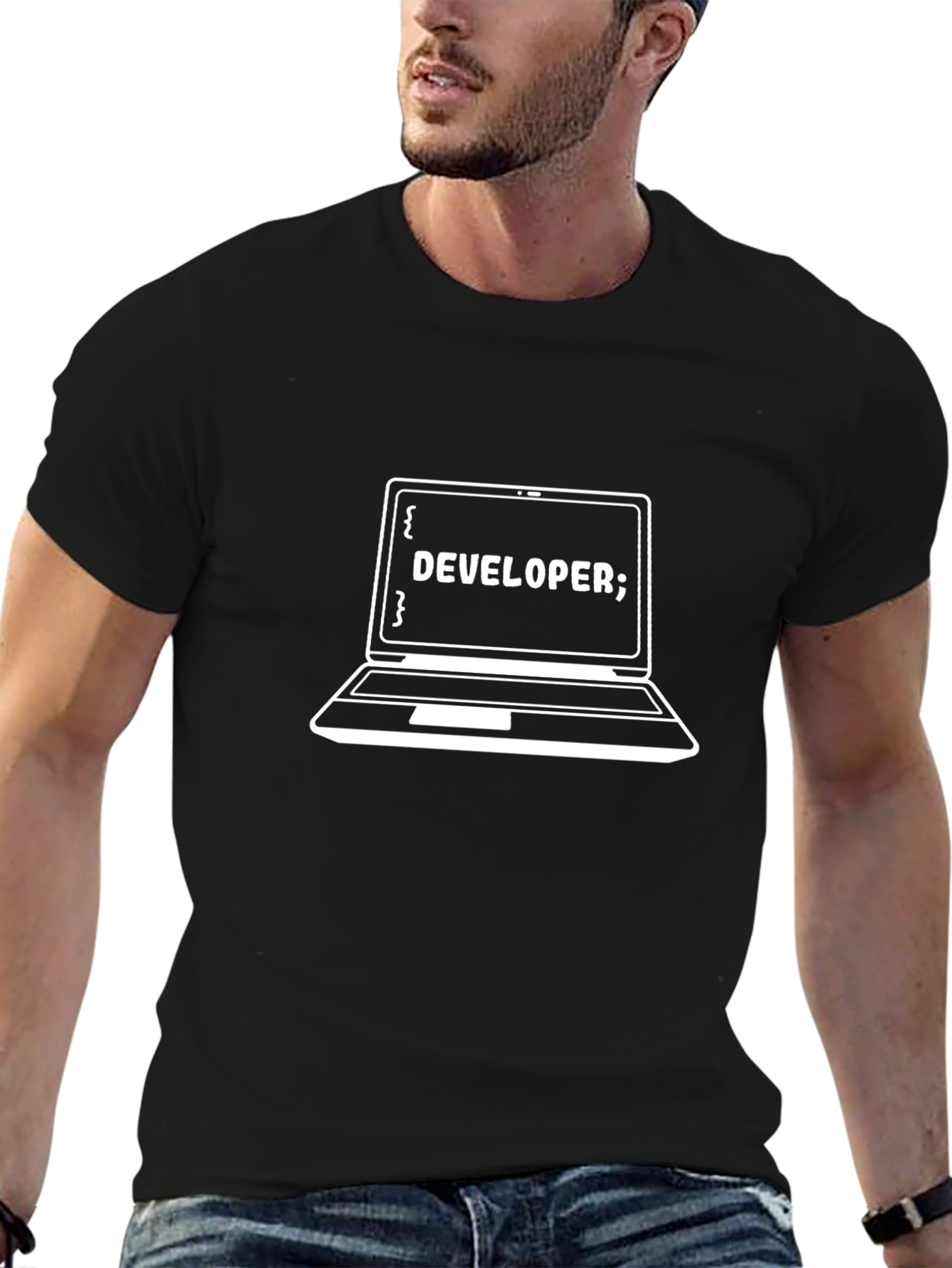 Developer Laptop Graphic Tee - Black Cotton T-Shirt