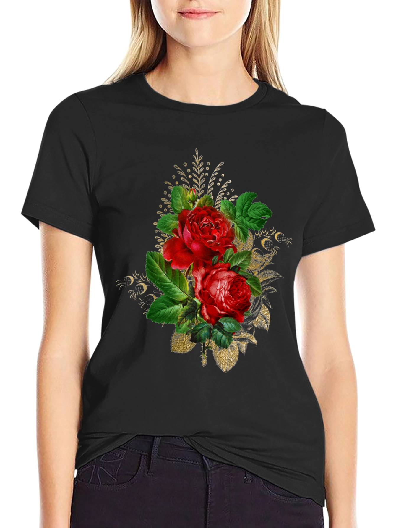 Floral Rose Graphic Tee - Black