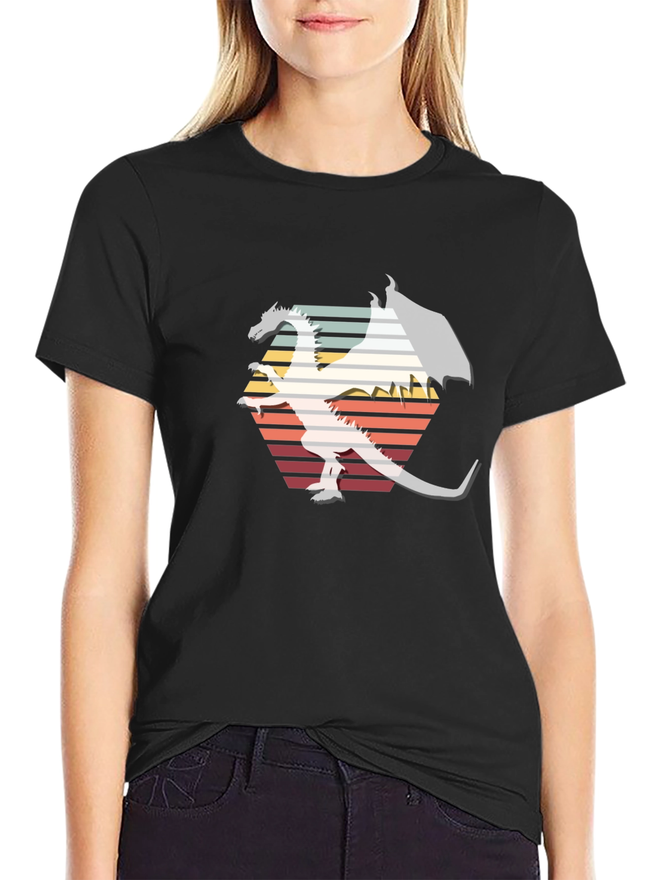 Retro Dragon Graphic Tee - Black Cotton Blend