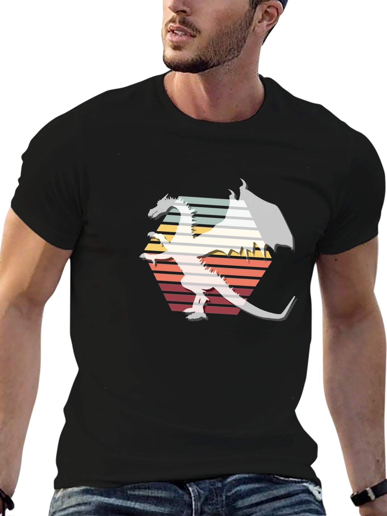 Retro Dragon Graphic Tee - Black Cotton Blend