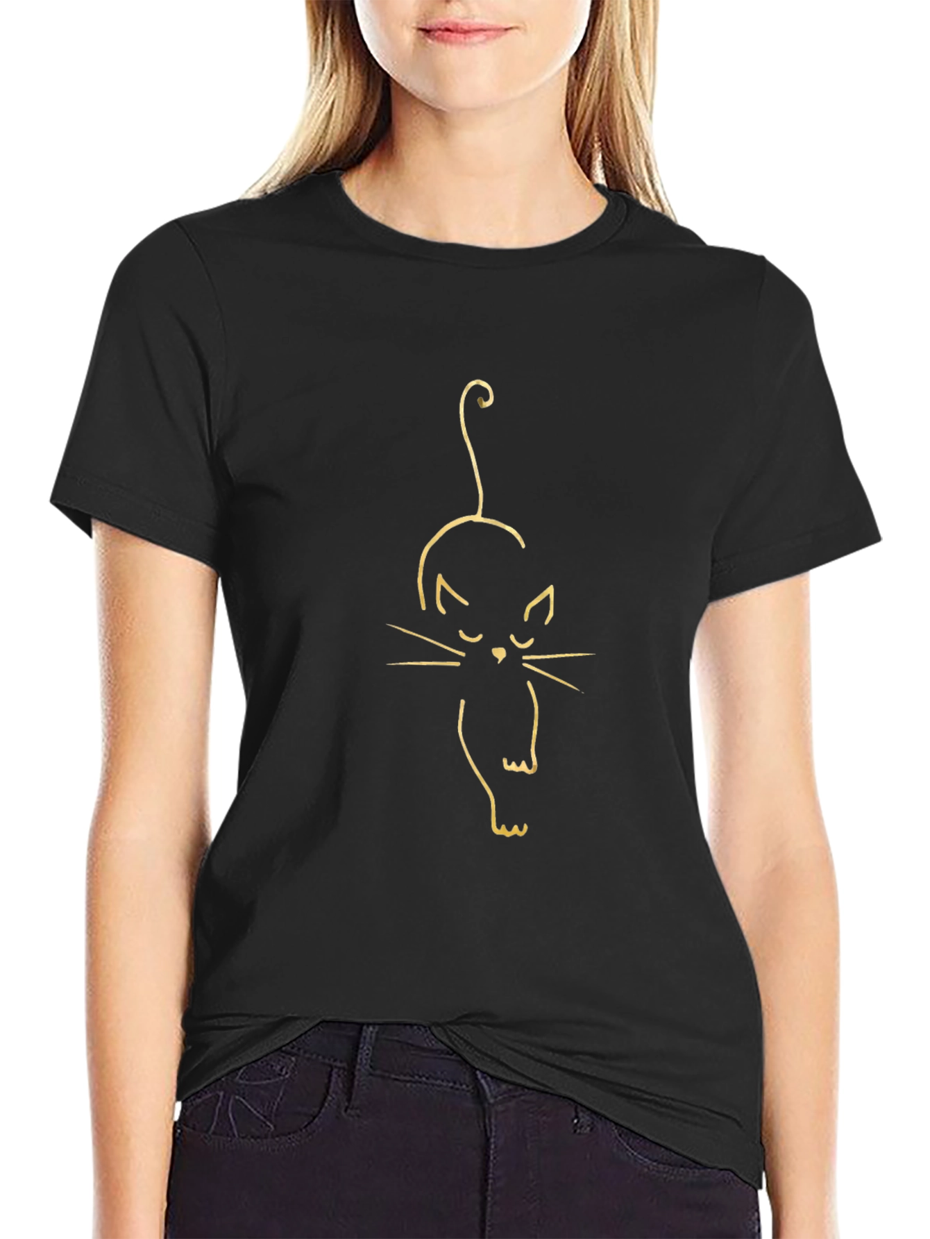 Black T-Shirt with Cat Outline Design