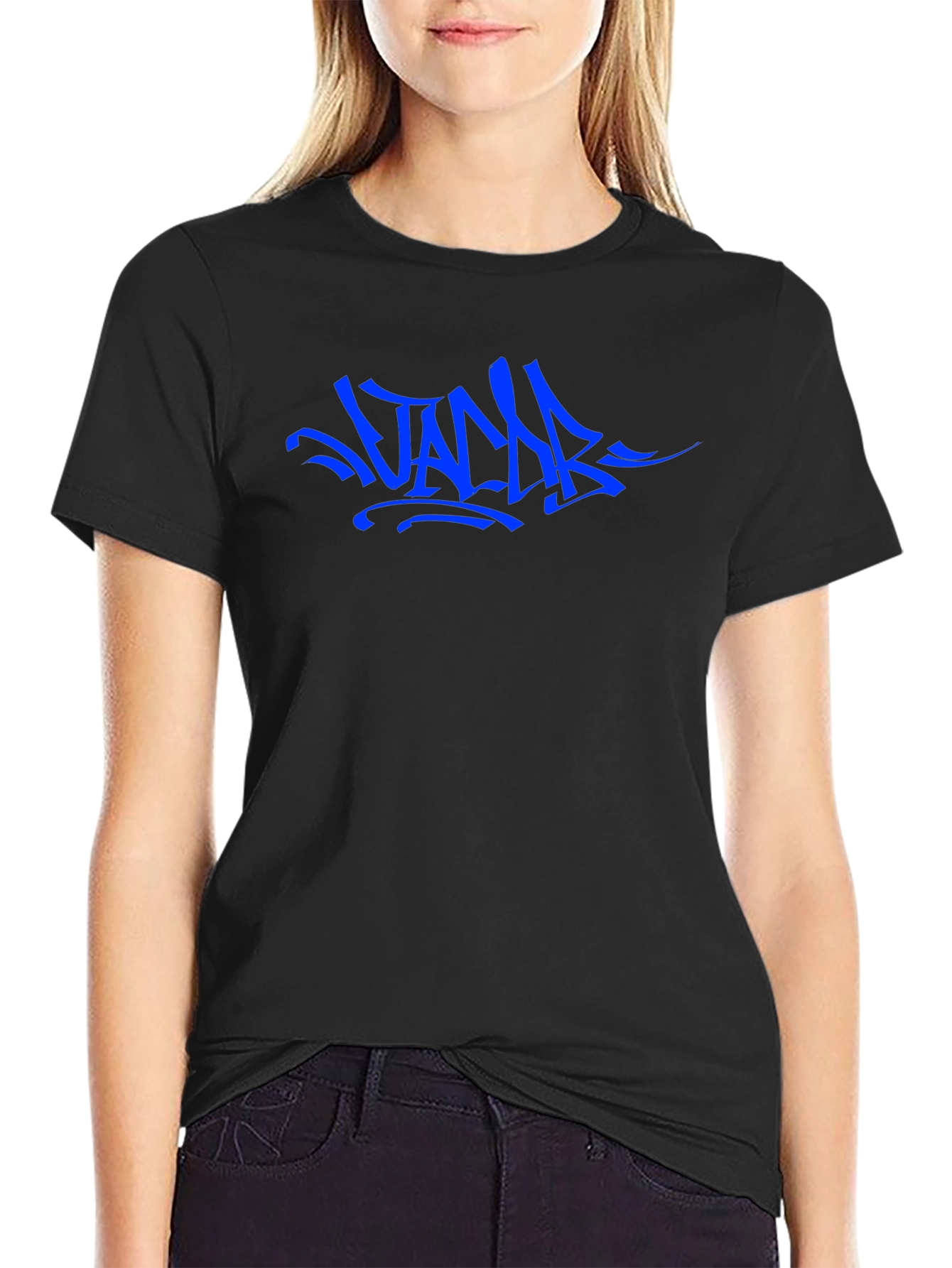 Blue Graffiti Style Graphic Black T-Shirt