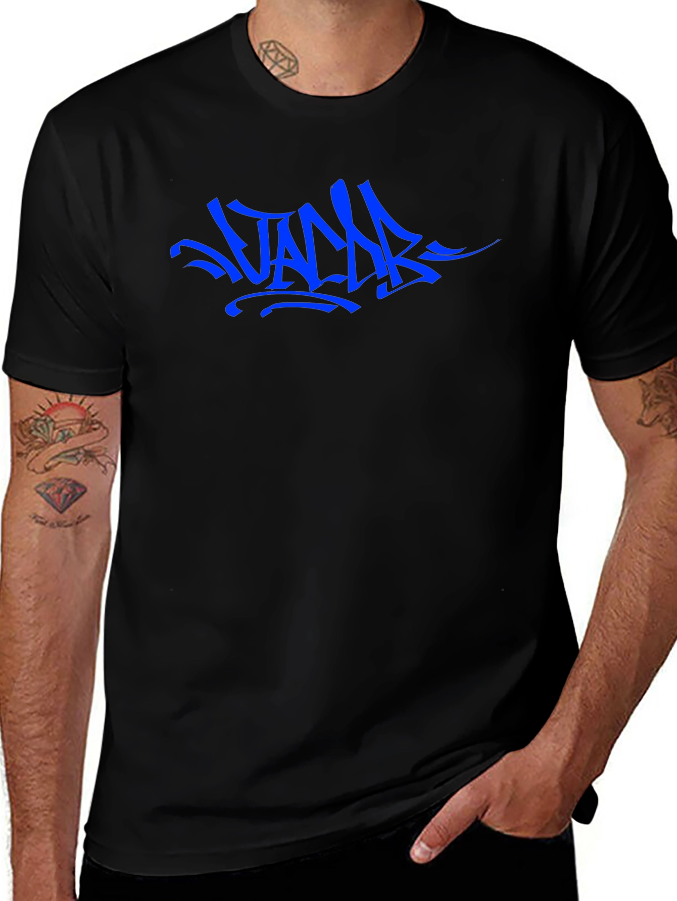 Blue Graffiti Style Graphic Black T-Shirt