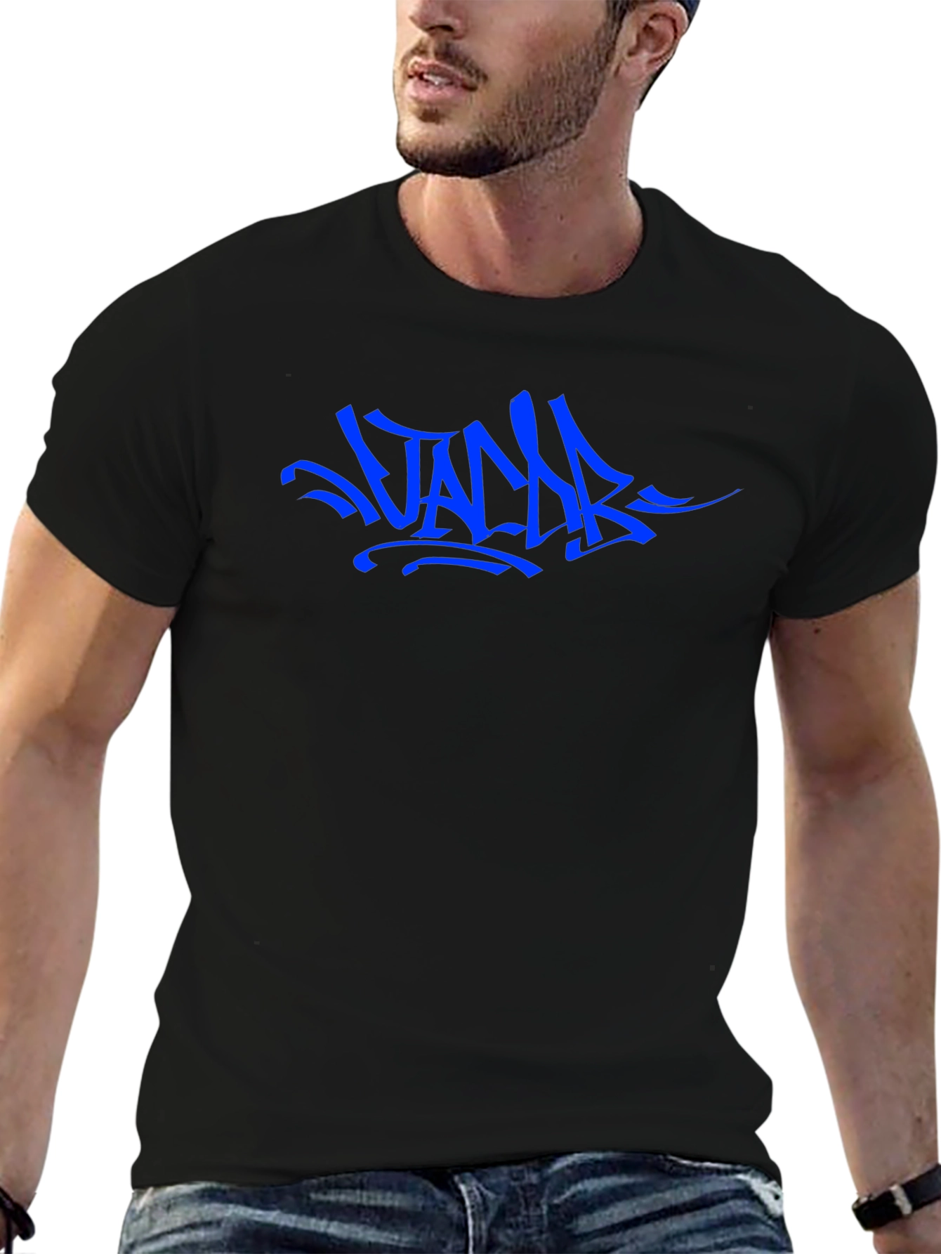 Blue Graffiti Style Graphic Black T-Shirt