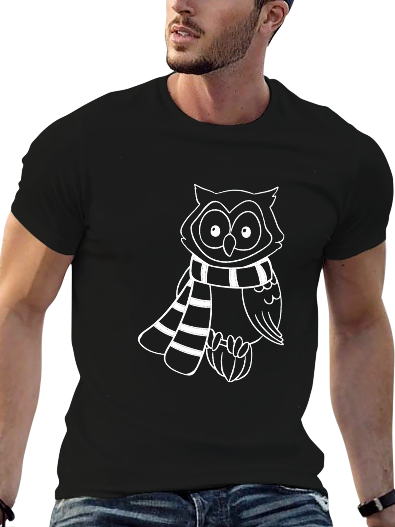 Owl Scarf Graphic Tee - Casual Black T-Shirt