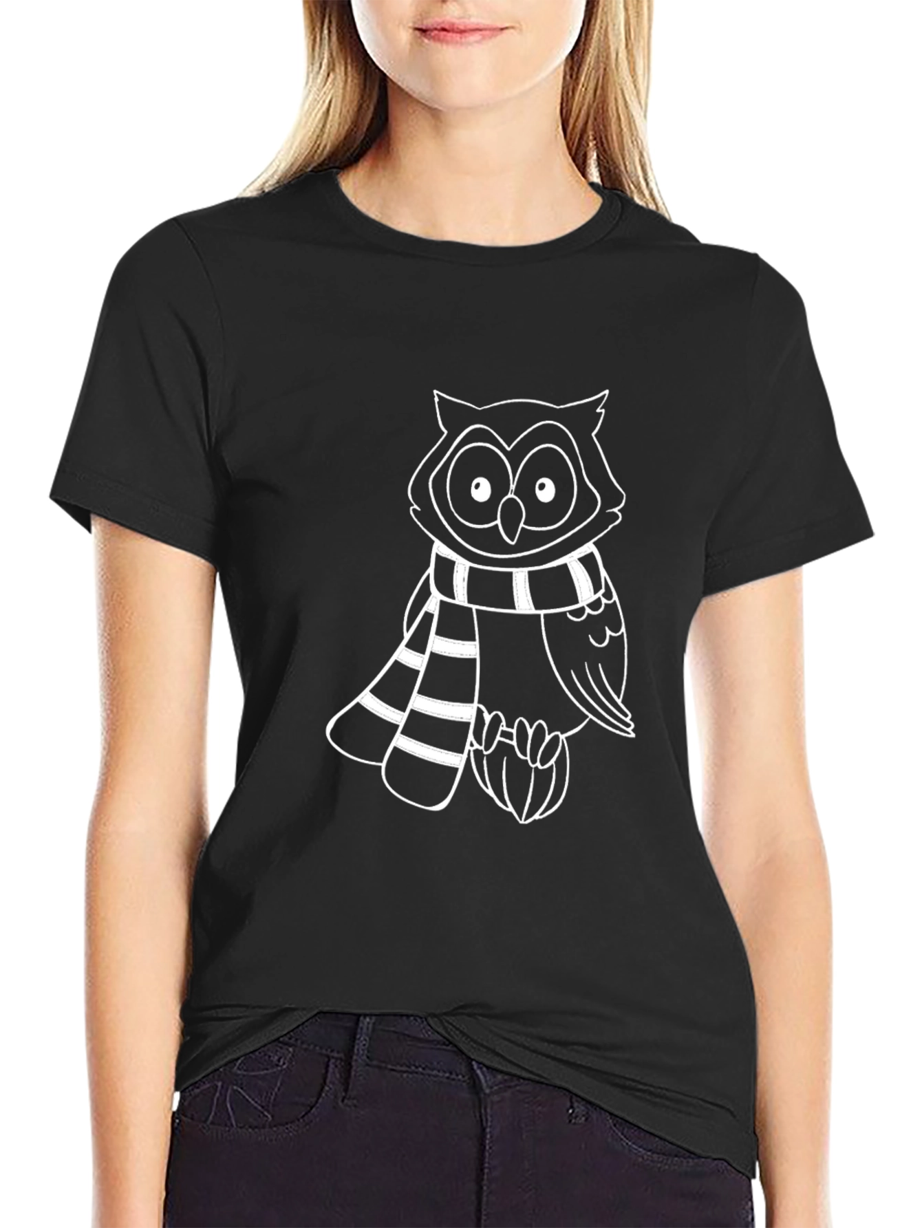 Owl Scarf Graphic Tee - Casual Black T-Shirt