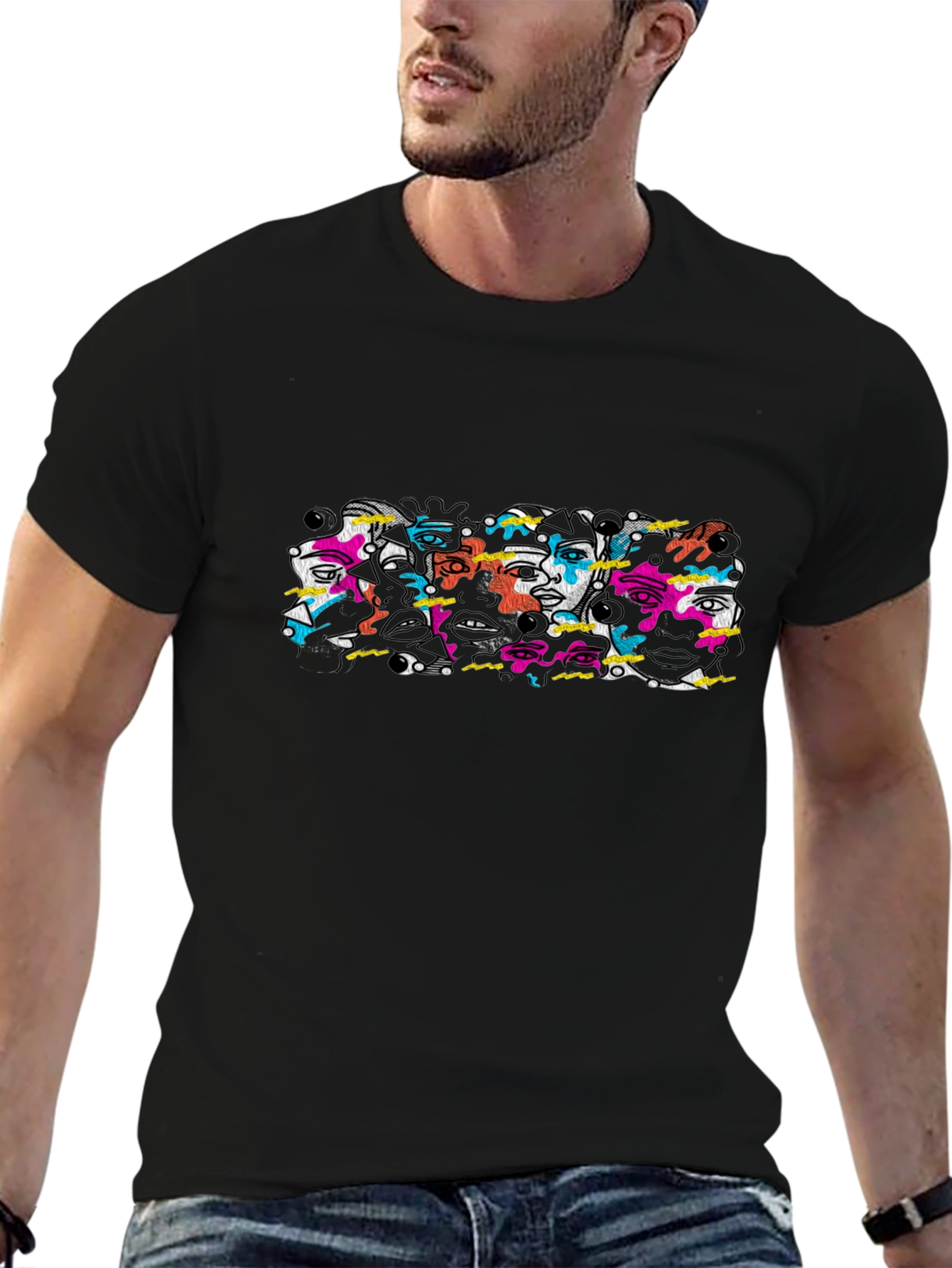 Abstract Faces Graphic Black T-Shirt