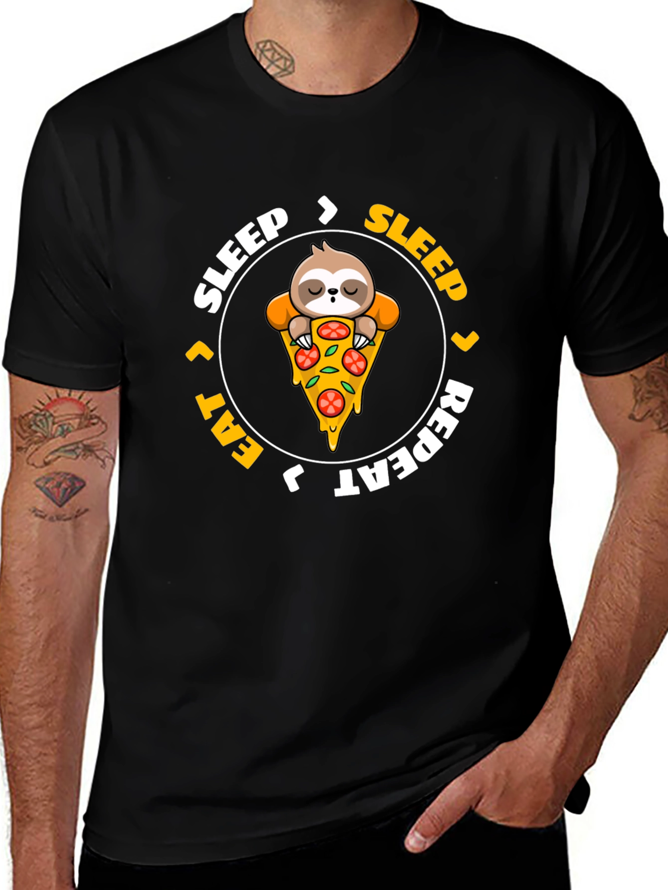 Sloth Pizza Black T-Shirt: Sleep Eat Repeat