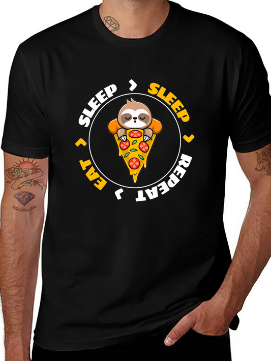 Sloth Pizza Black T-Shirt: Sleep Eat Repeat