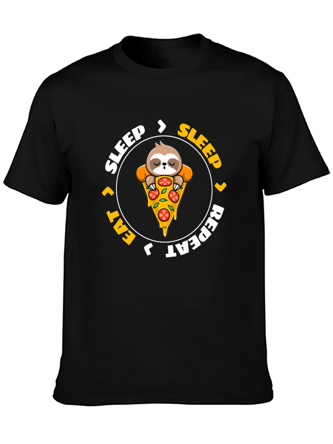Sloth Pizza Black T-Shirt: Sleep Eat Repeat