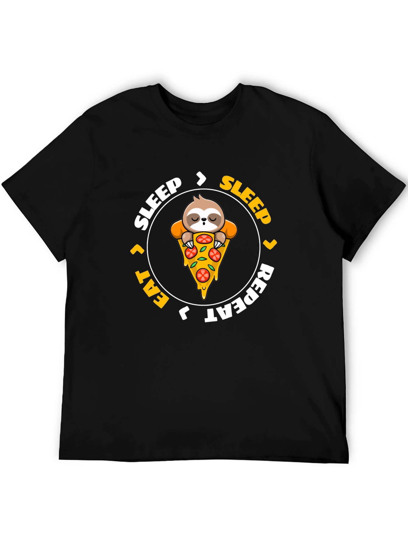 Sloth Pizza Black T-Shirt: Sleep Eat Repeat