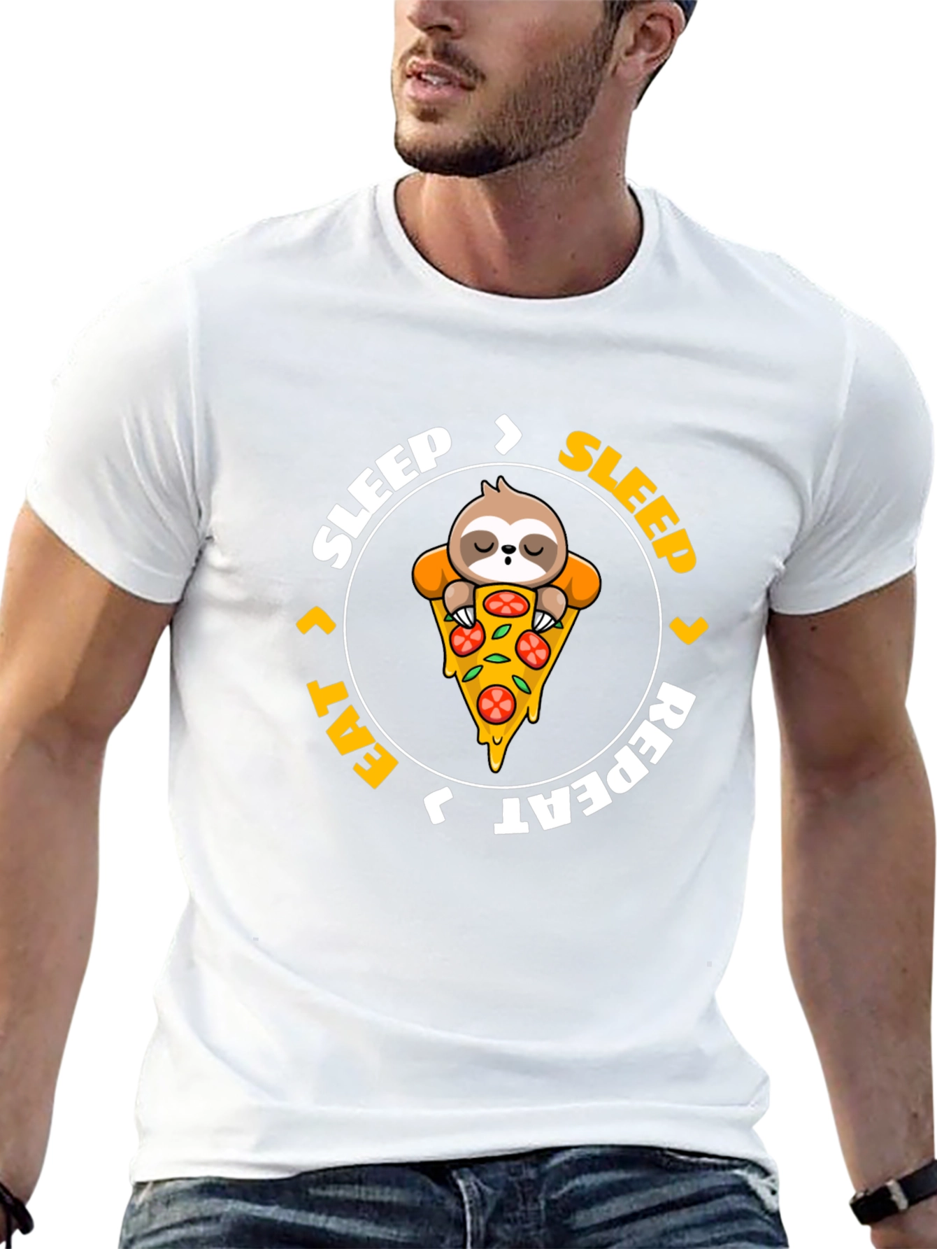 Sloth Pizza Black T-Shirt: Sleep Eat Repeat