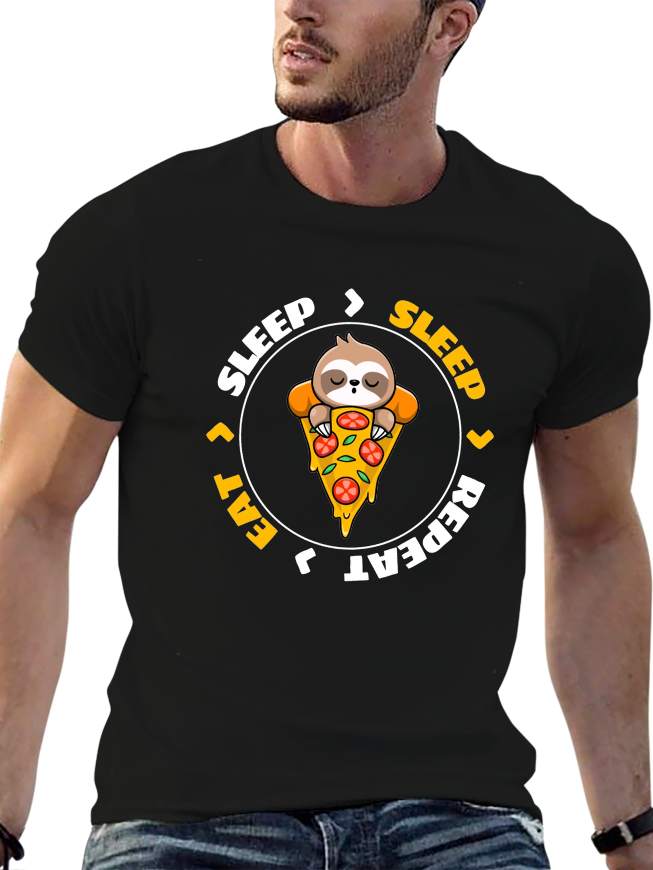 Sloth Pizza Black T-Shirt: Sleep Eat Repeat