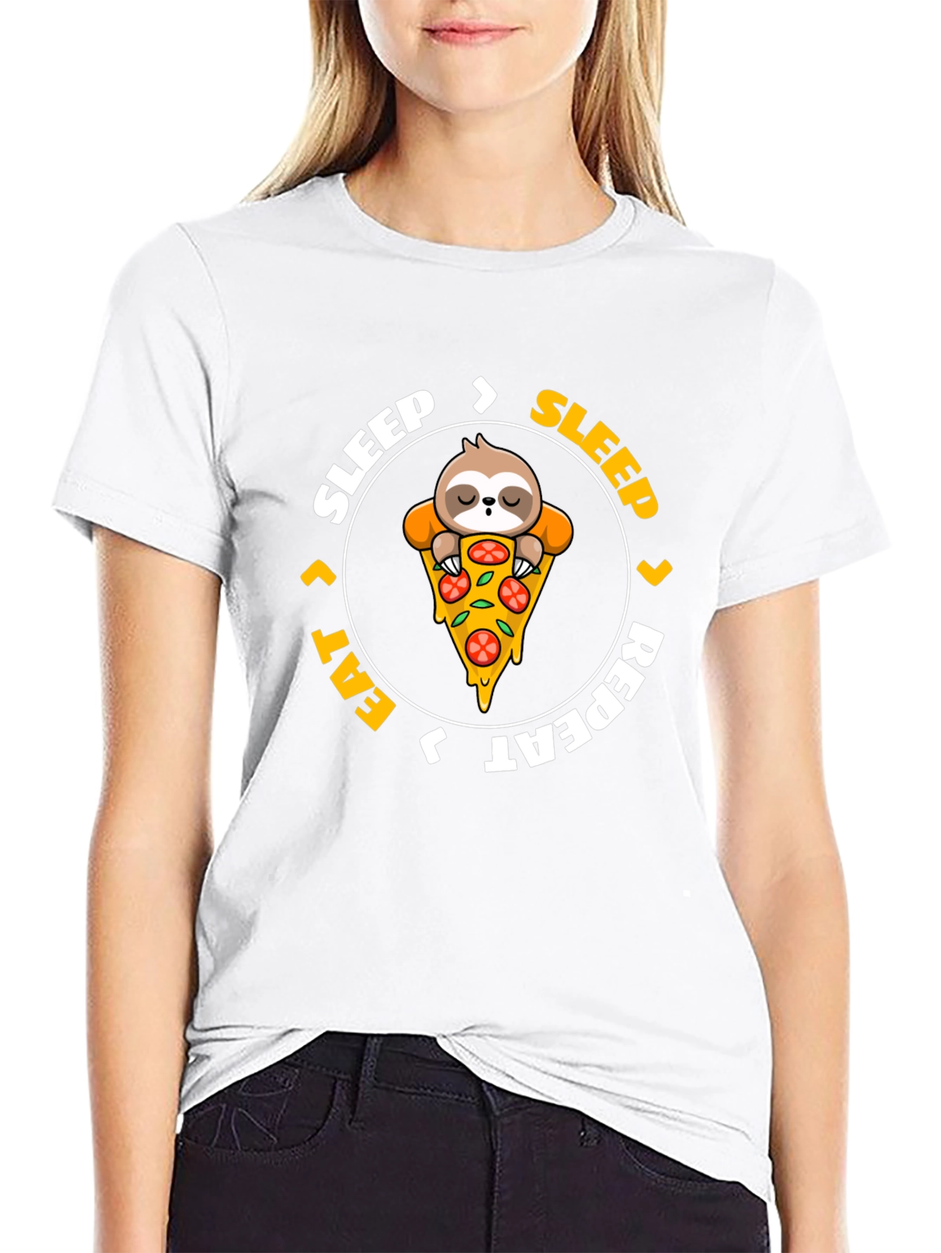 Sloth Pizza Black T-Shirt: Sleep Eat Repeat