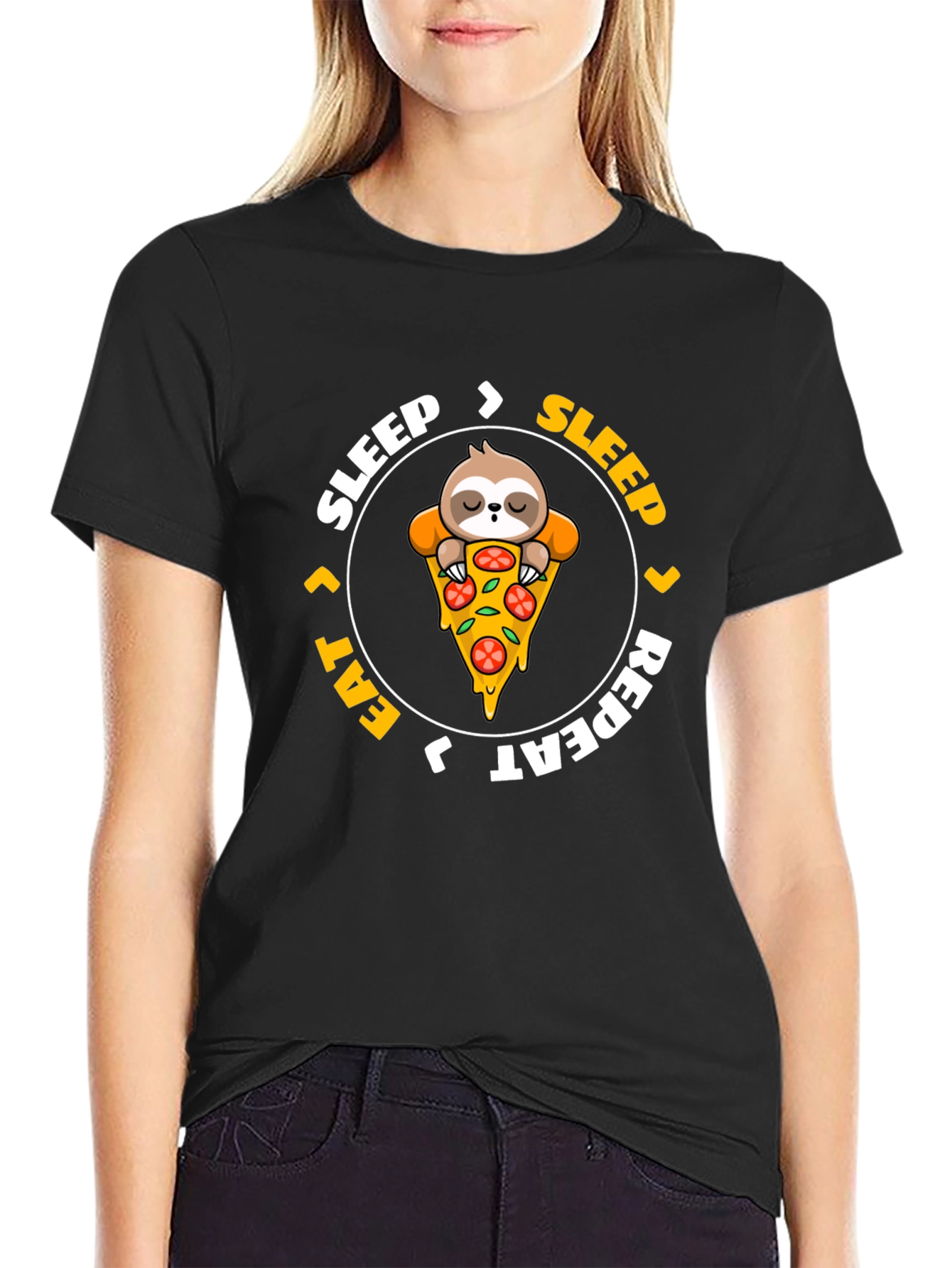 Sloth Pizza Black T-Shirt: Sleep Eat Repeat