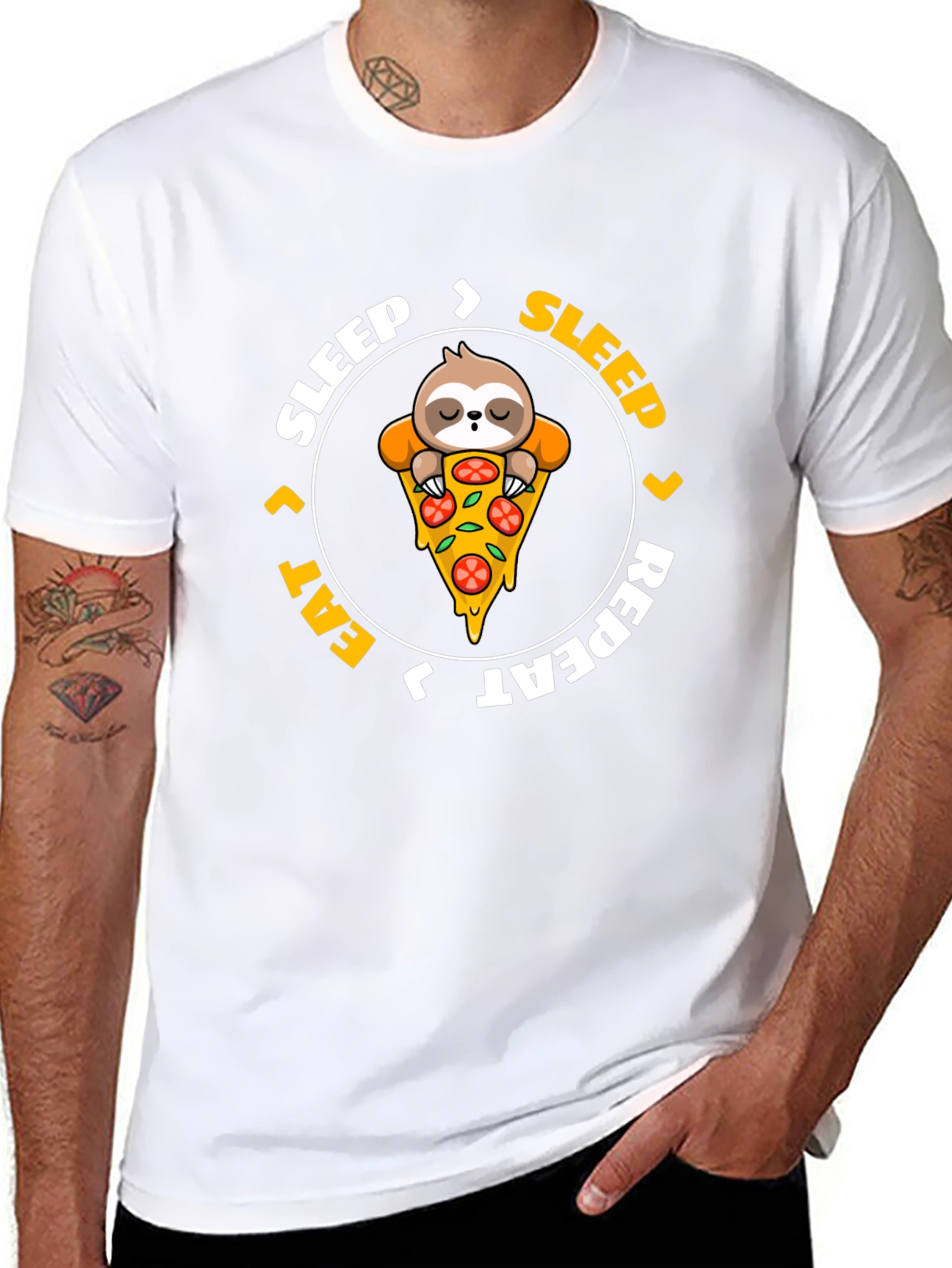 Sloth Pizza Black T-Shirt: Sleep Eat Repeat