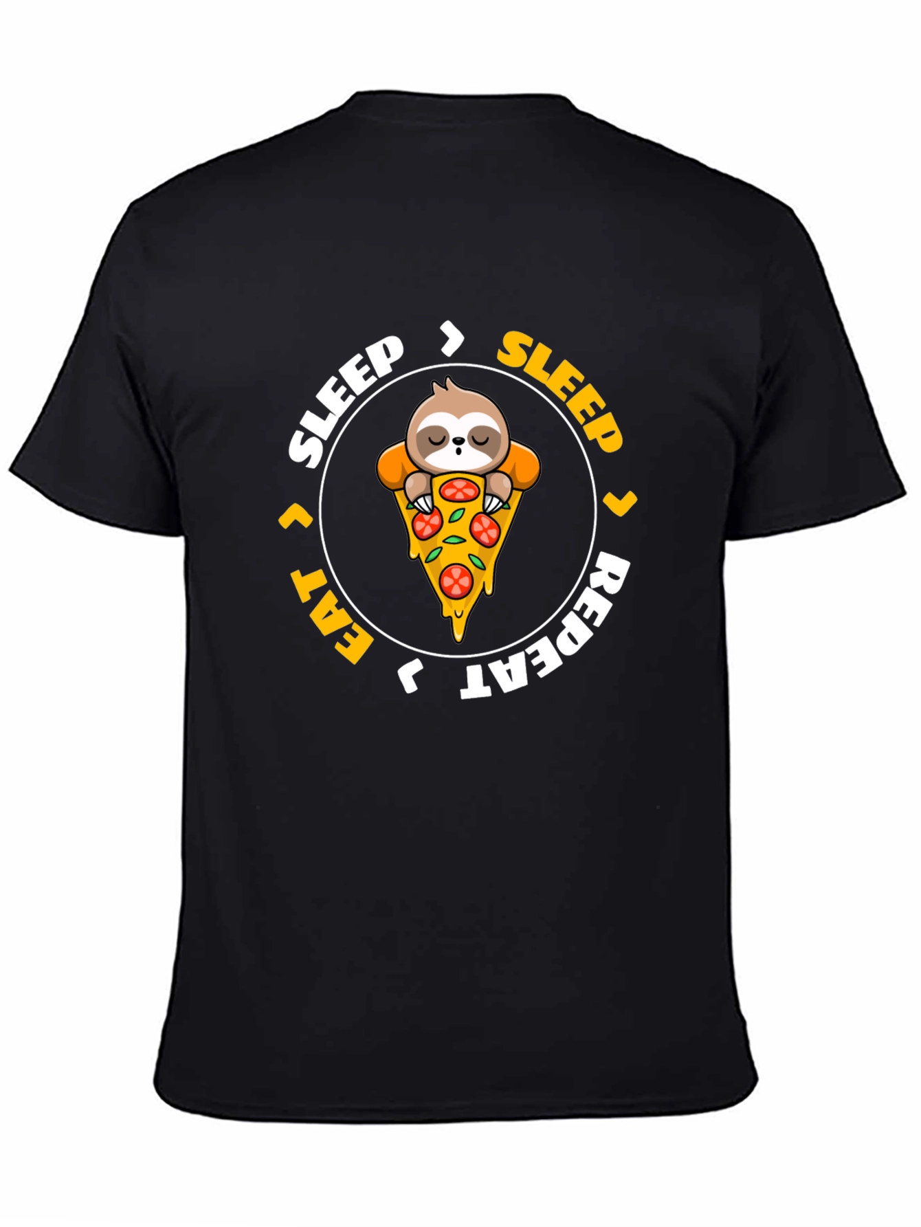 Sloth Pizza Black T-Shirt: Sleep Eat Repeat