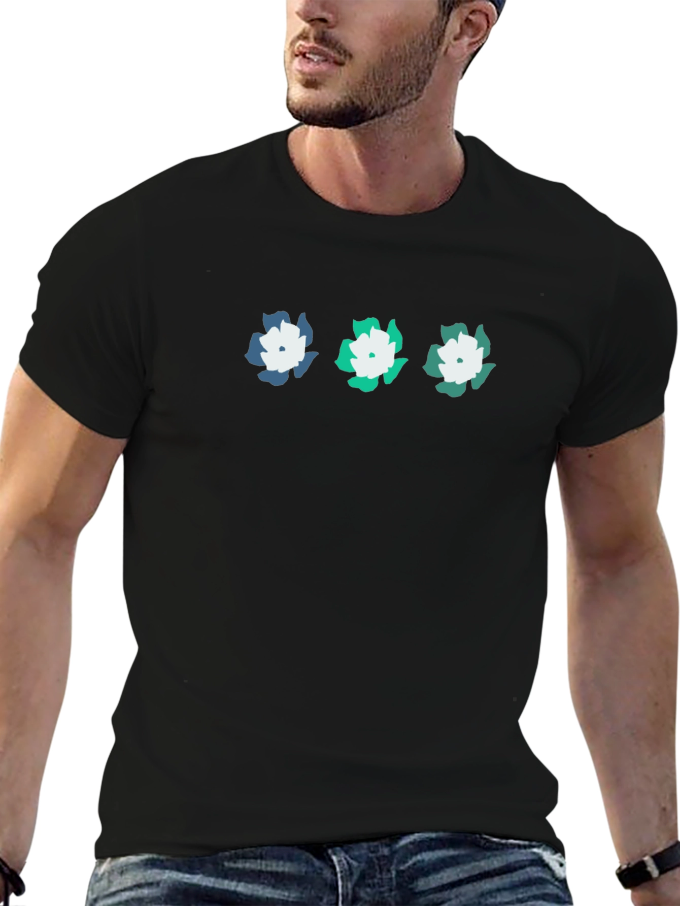 Floral Print Black Crew Neck T-Shirt