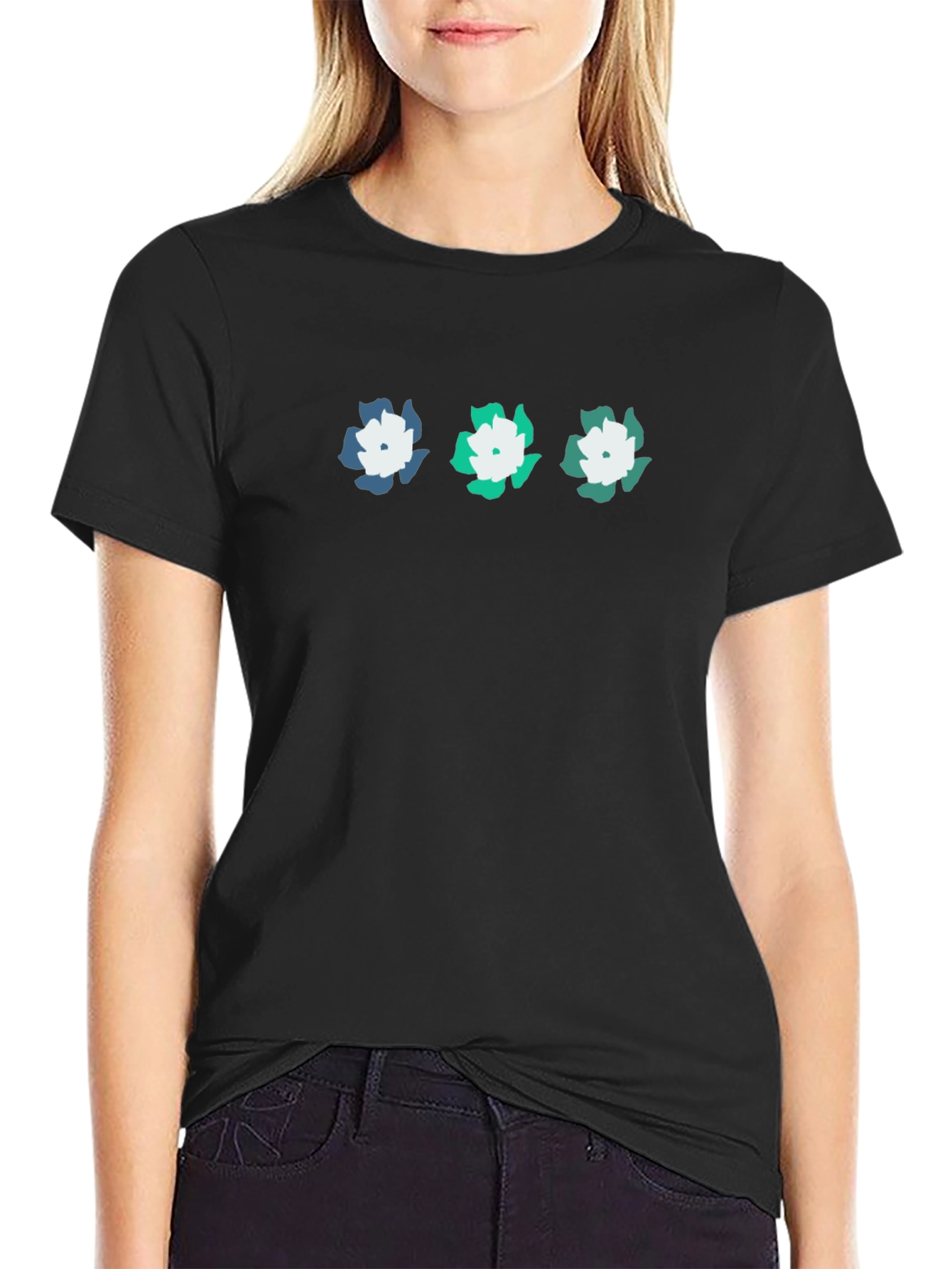 Floral Print Black Crew Neck T-Shirt