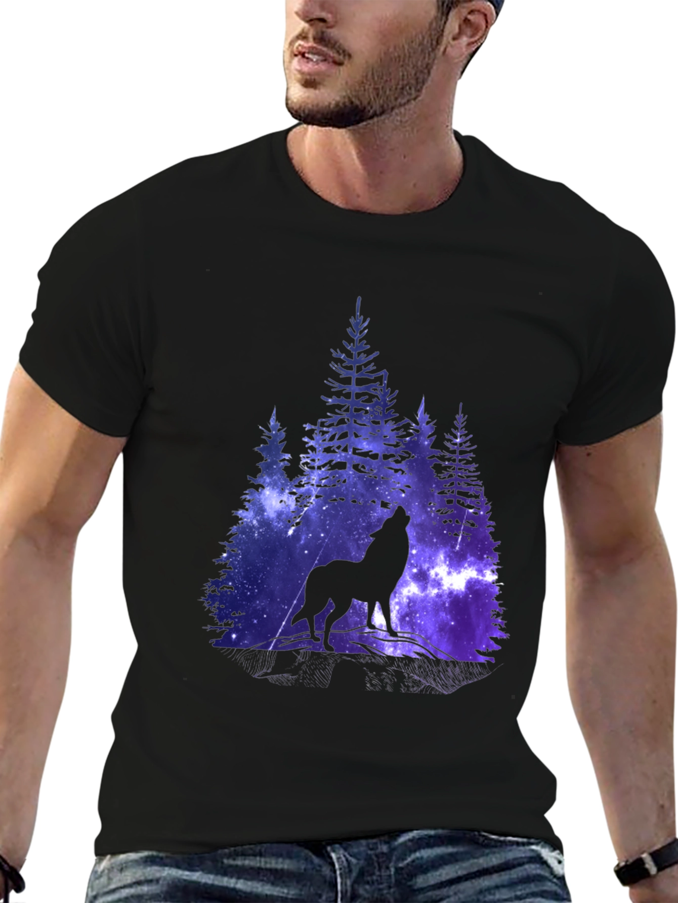 Wolf Galaxy Print Black T-Shirt