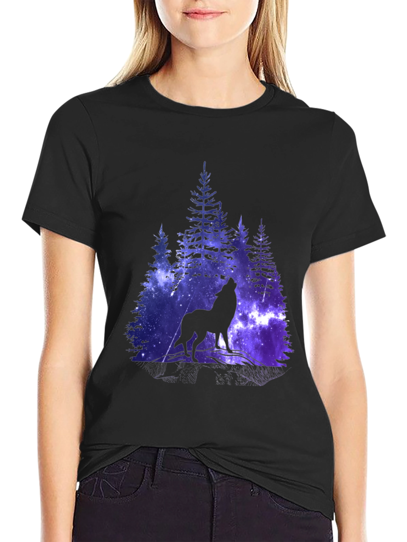 Wolf Galaxy Print Black T-Shirt