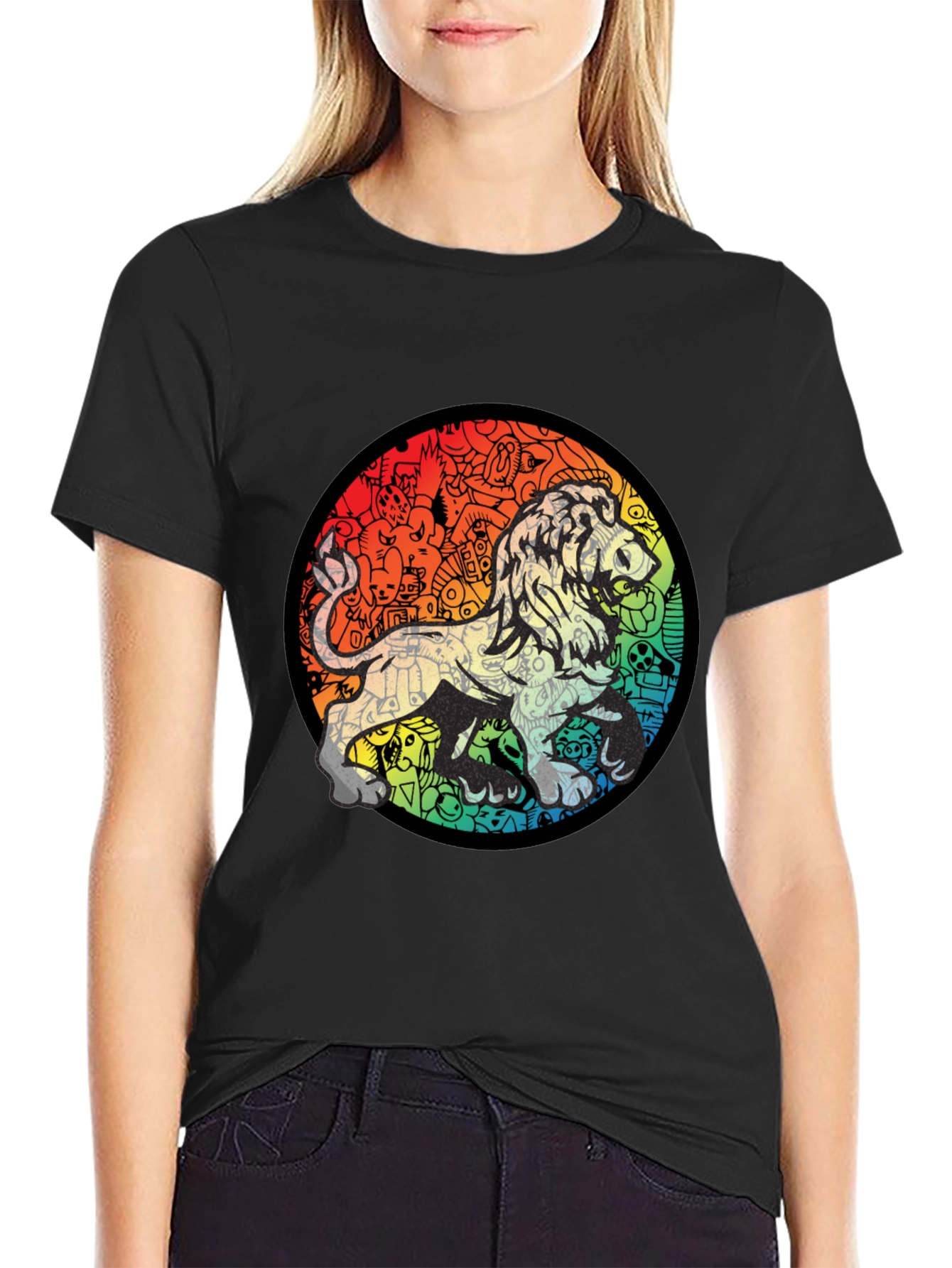 Lion Doodle Graphic Black T-Shirt