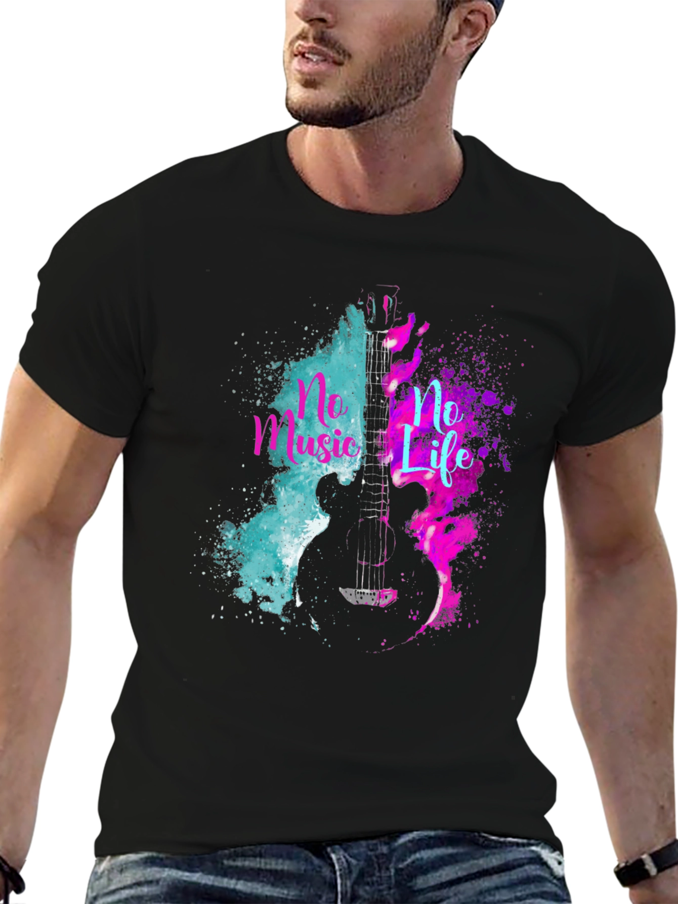 No Music No Life Guitar Graphic Tee - Black