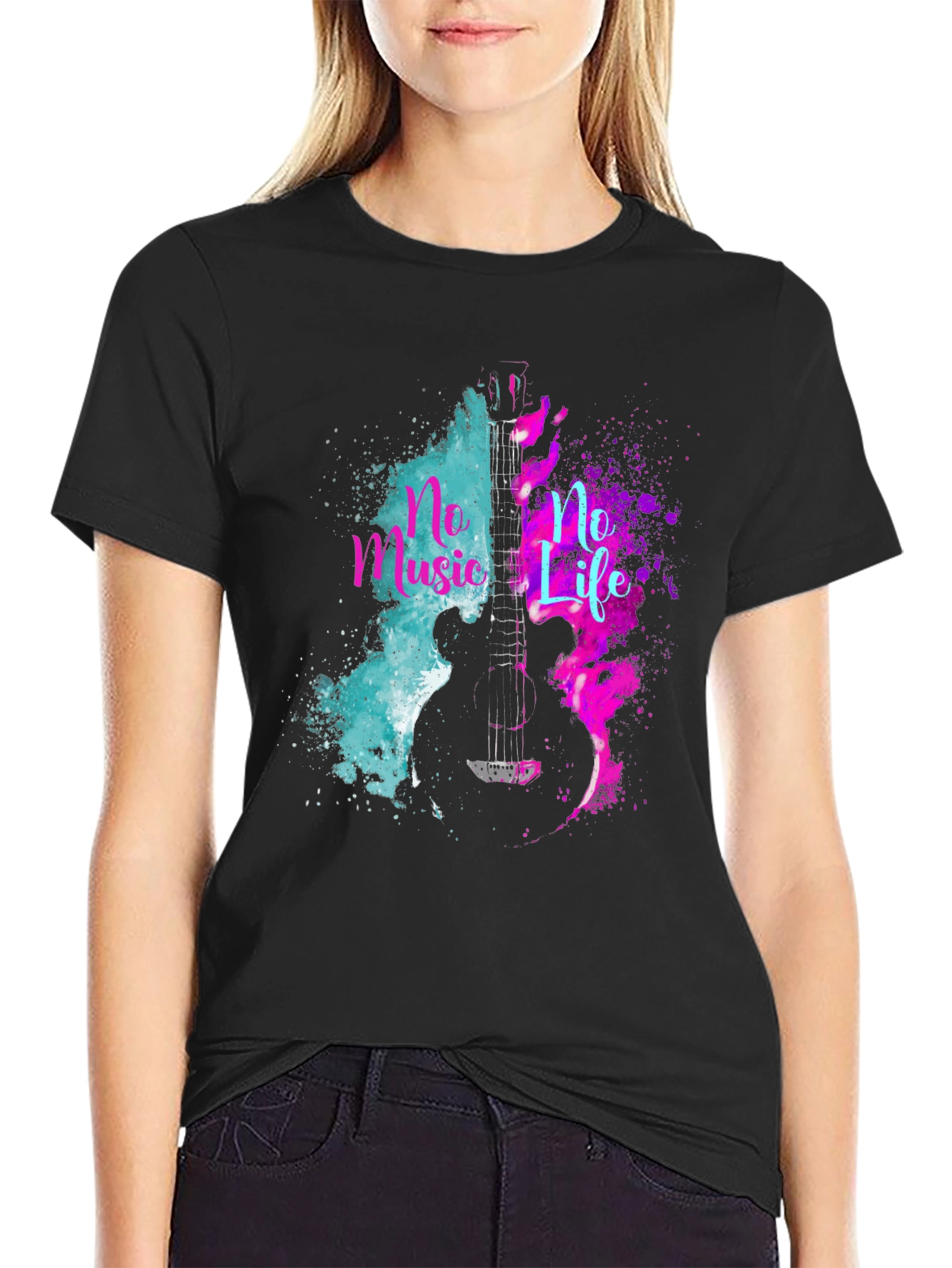 No Music No Life Guitar Graphic Tee - Black