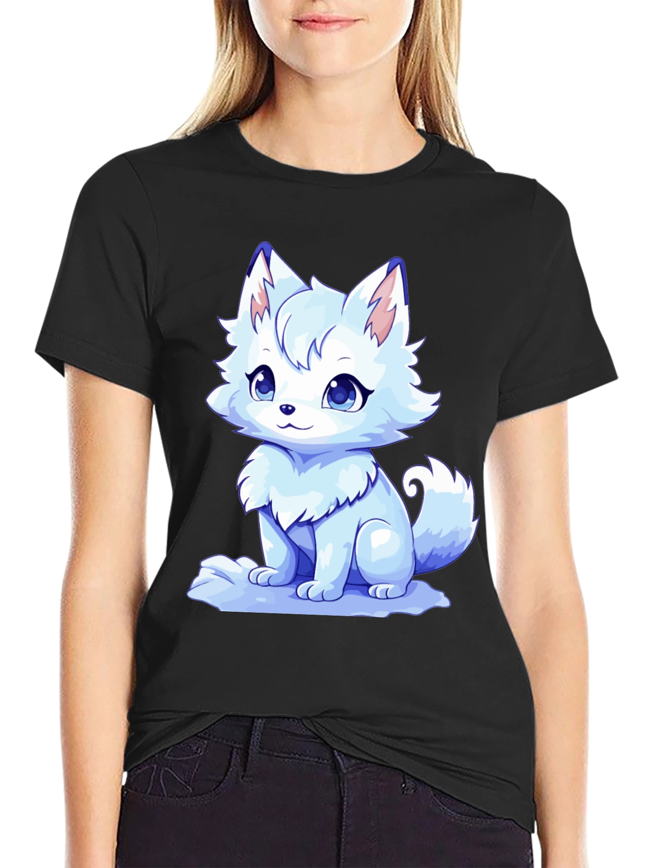 Cute Anime Fox Black T-Shirt