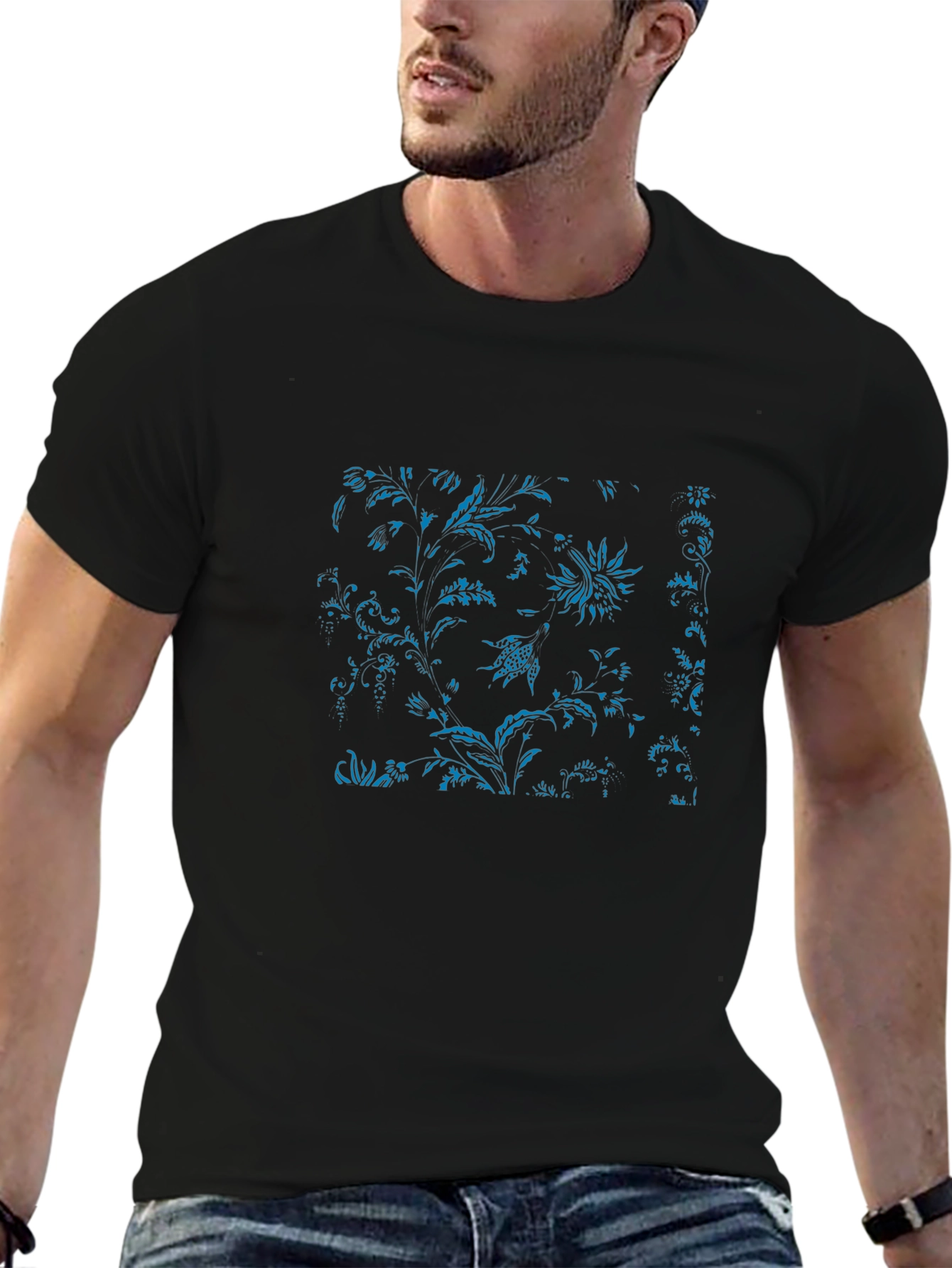 Black Tee with Blue Floral Botanical Print