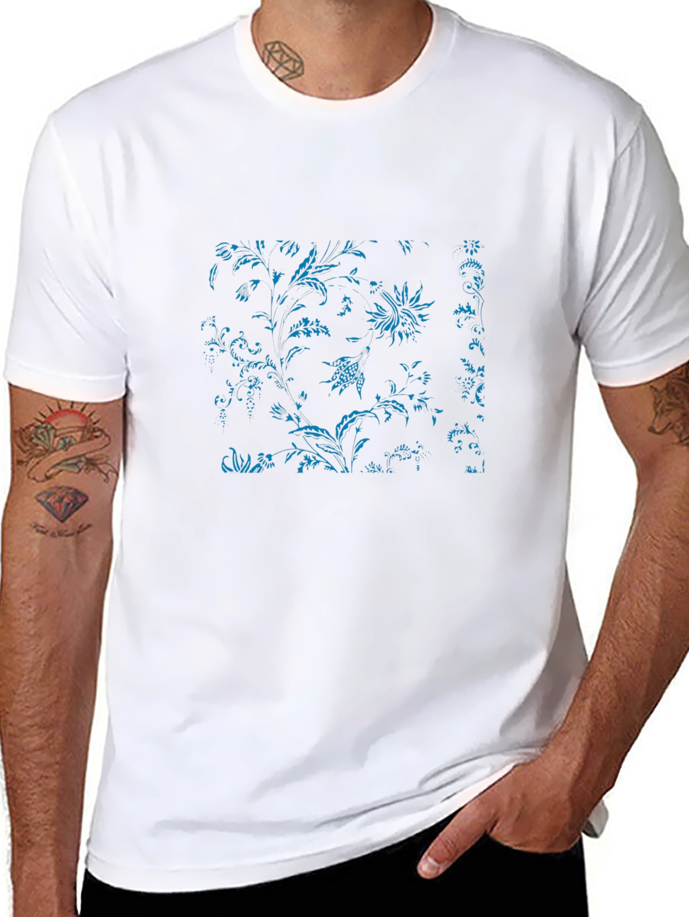 Black Tee with Blue Floral Botanical Print