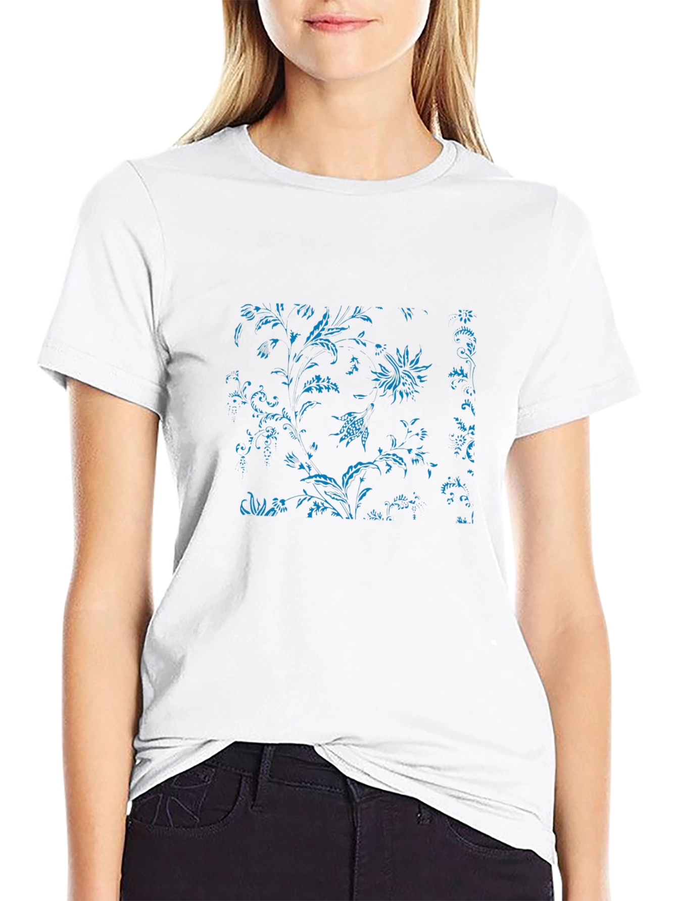 Black Tee with Blue Floral Botanical Print
