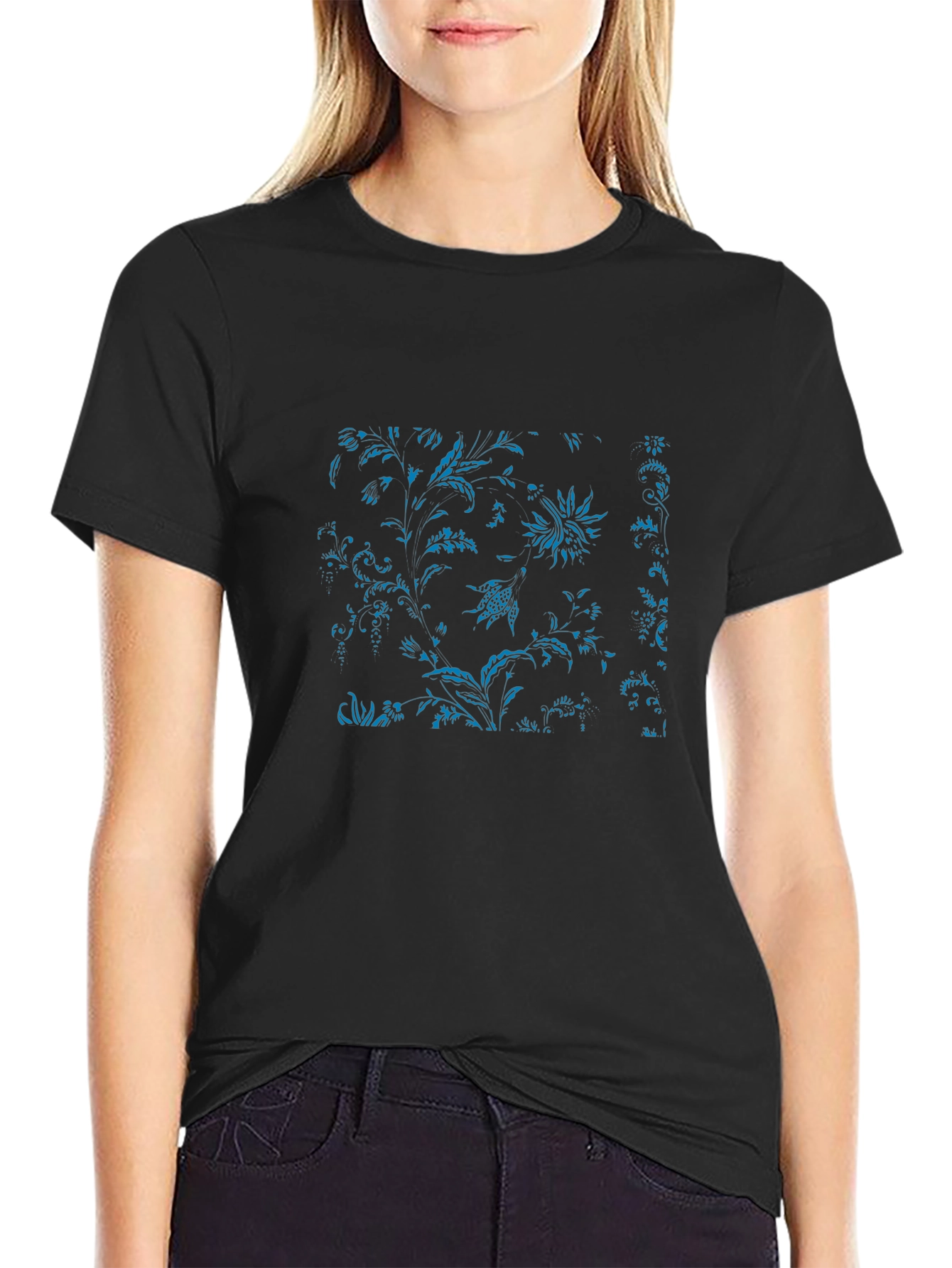 Black Tee with Blue Floral Botanical Print
