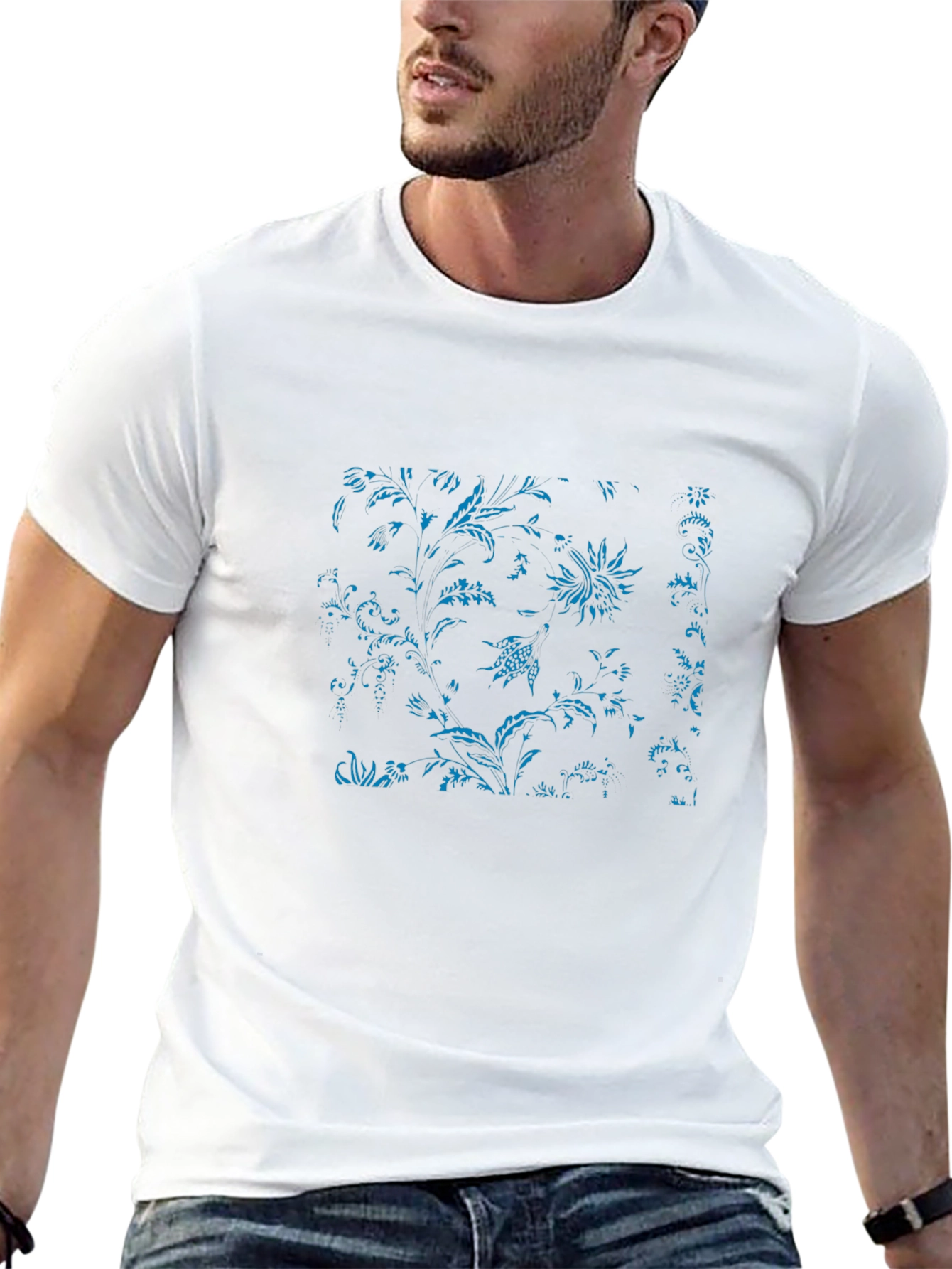 Black Tee with Blue Floral Botanical Print