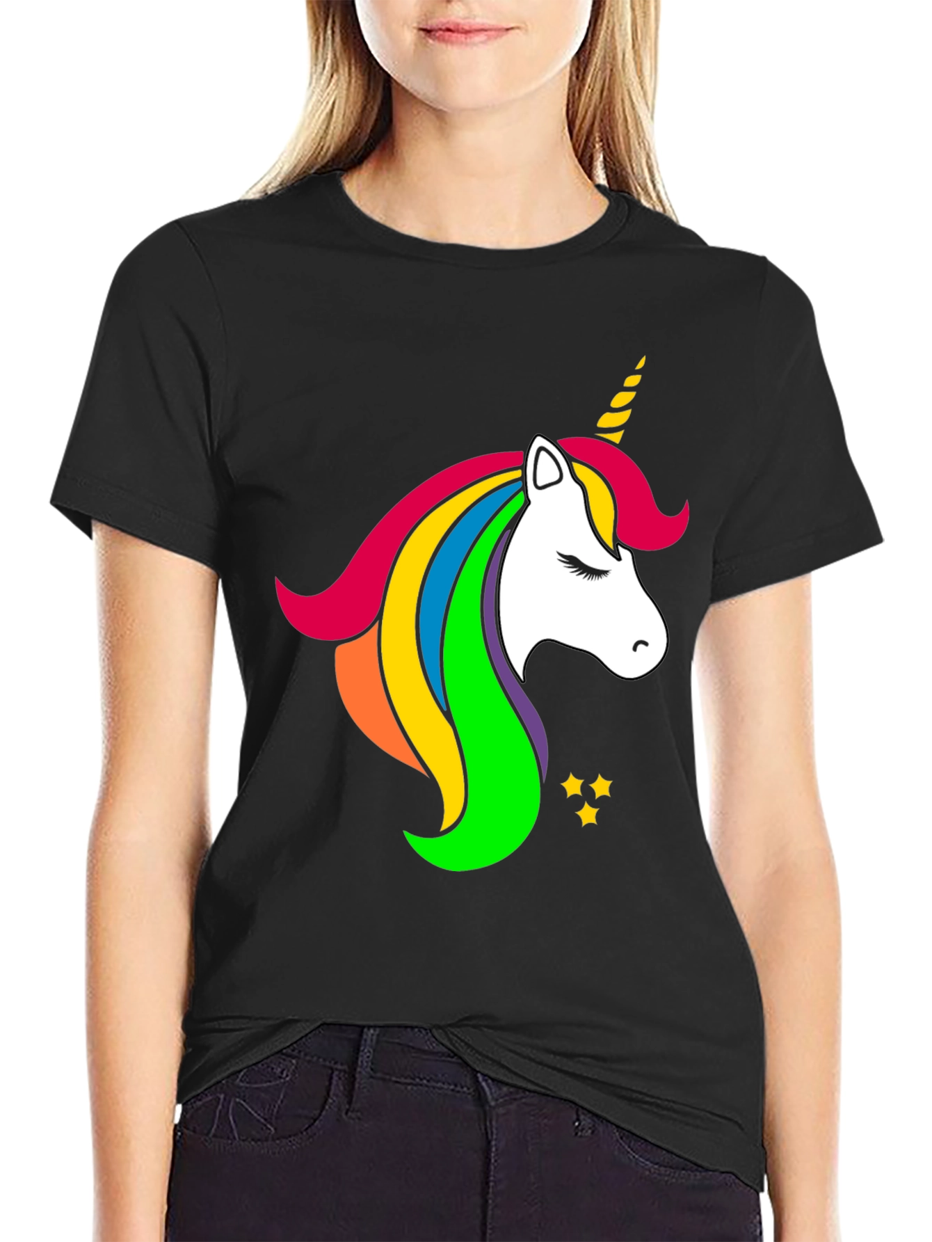 Rainbow Unicorn Graphic Black T-Shirt
