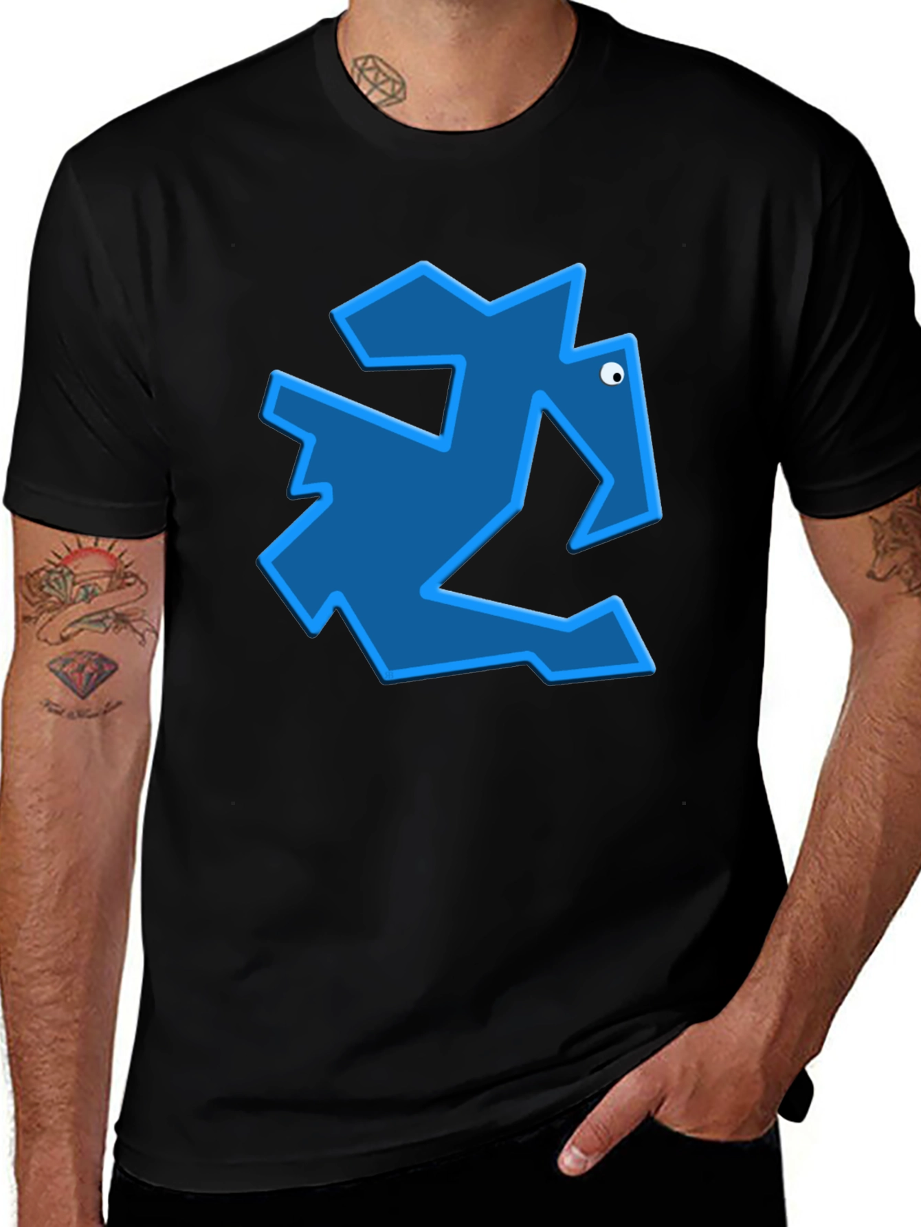 Geometric Blue Animal Graphic Black T-Shirt