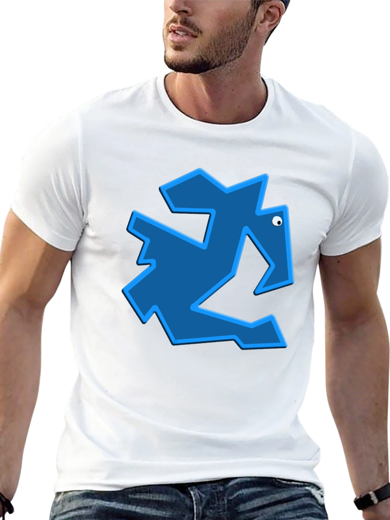 Geometric Blue Animal Graphic Black T-Shirt