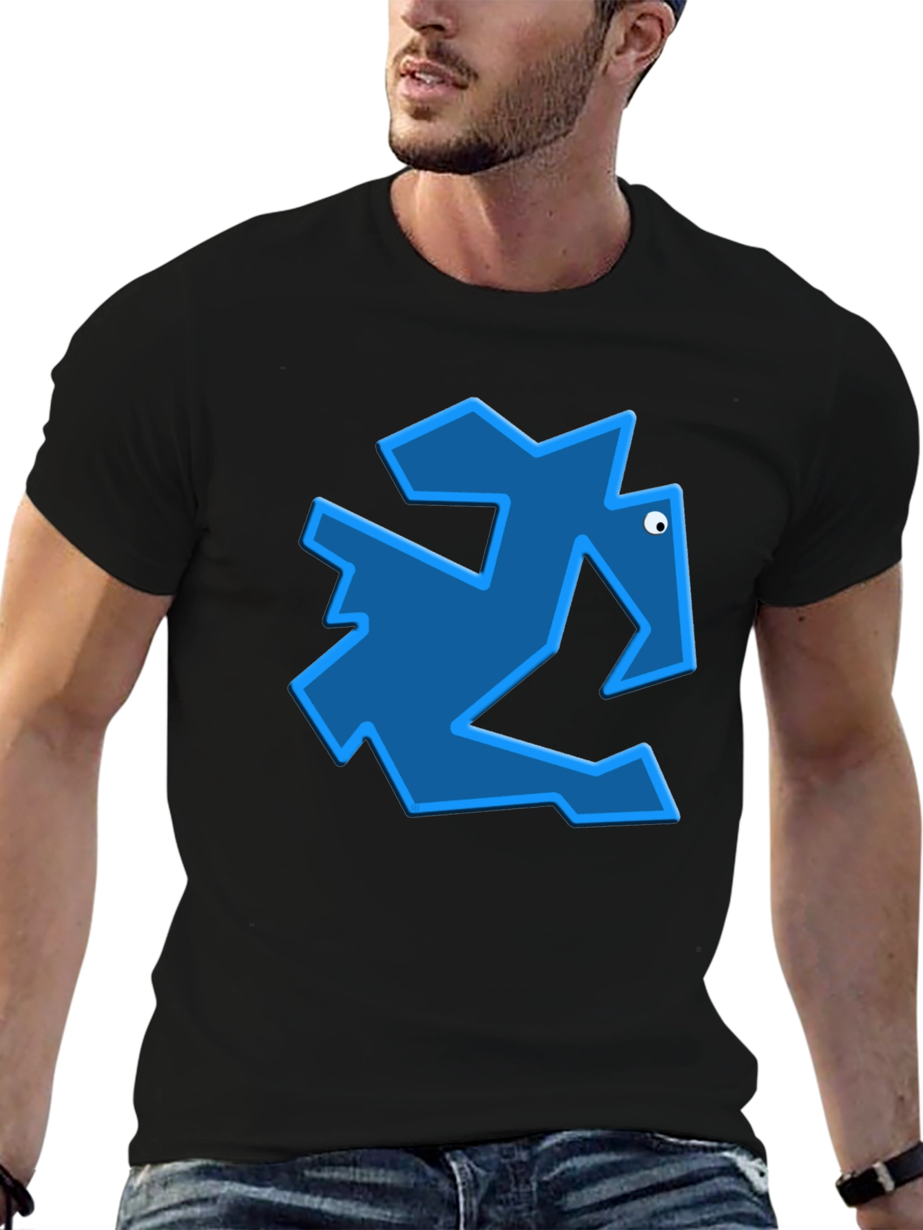 Geometric Blue Animal Graphic Black T-Shirt