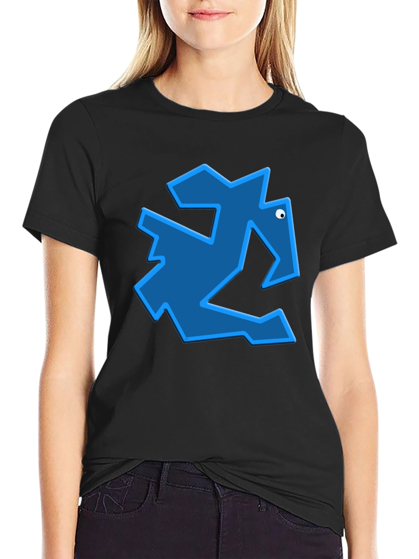 Geometric Blue Animal Graphic Black T-Shirt