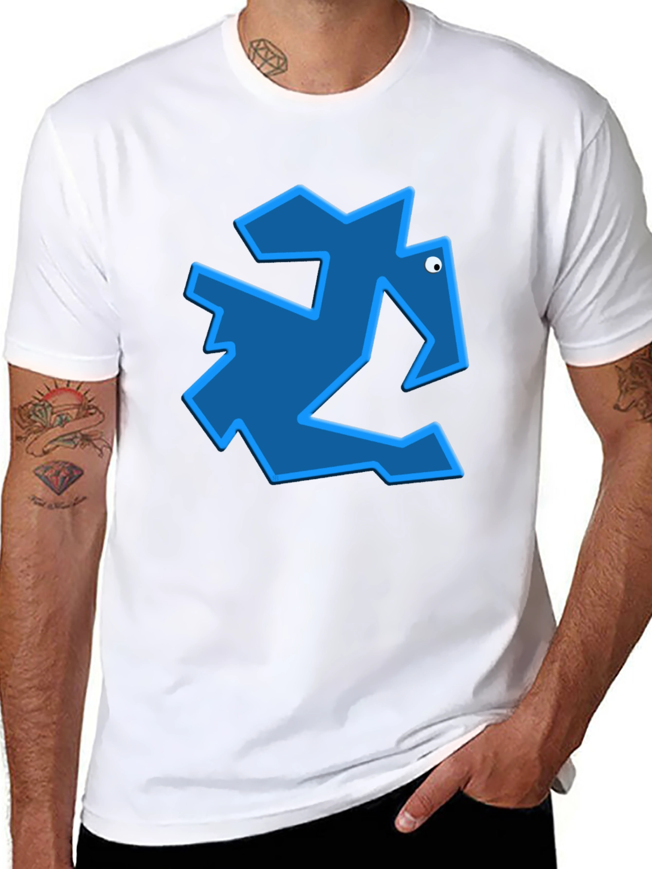 Geometric Blue Animal Graphic Black T-Shirt