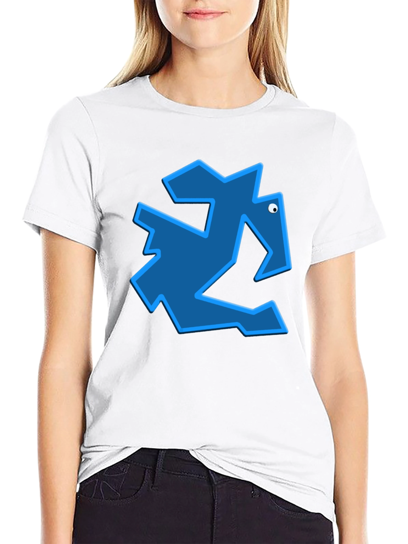 Geometric Blue Animal Graphic Black T-Shirt