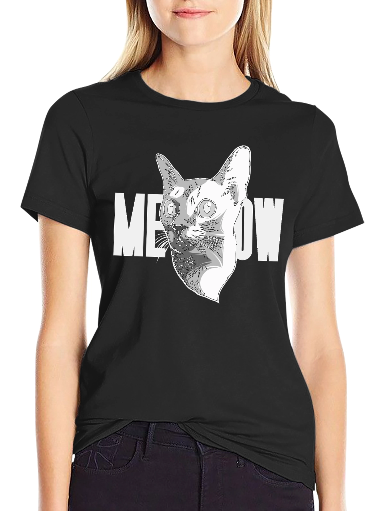 Meow Cat Graphic Black T-Shirt