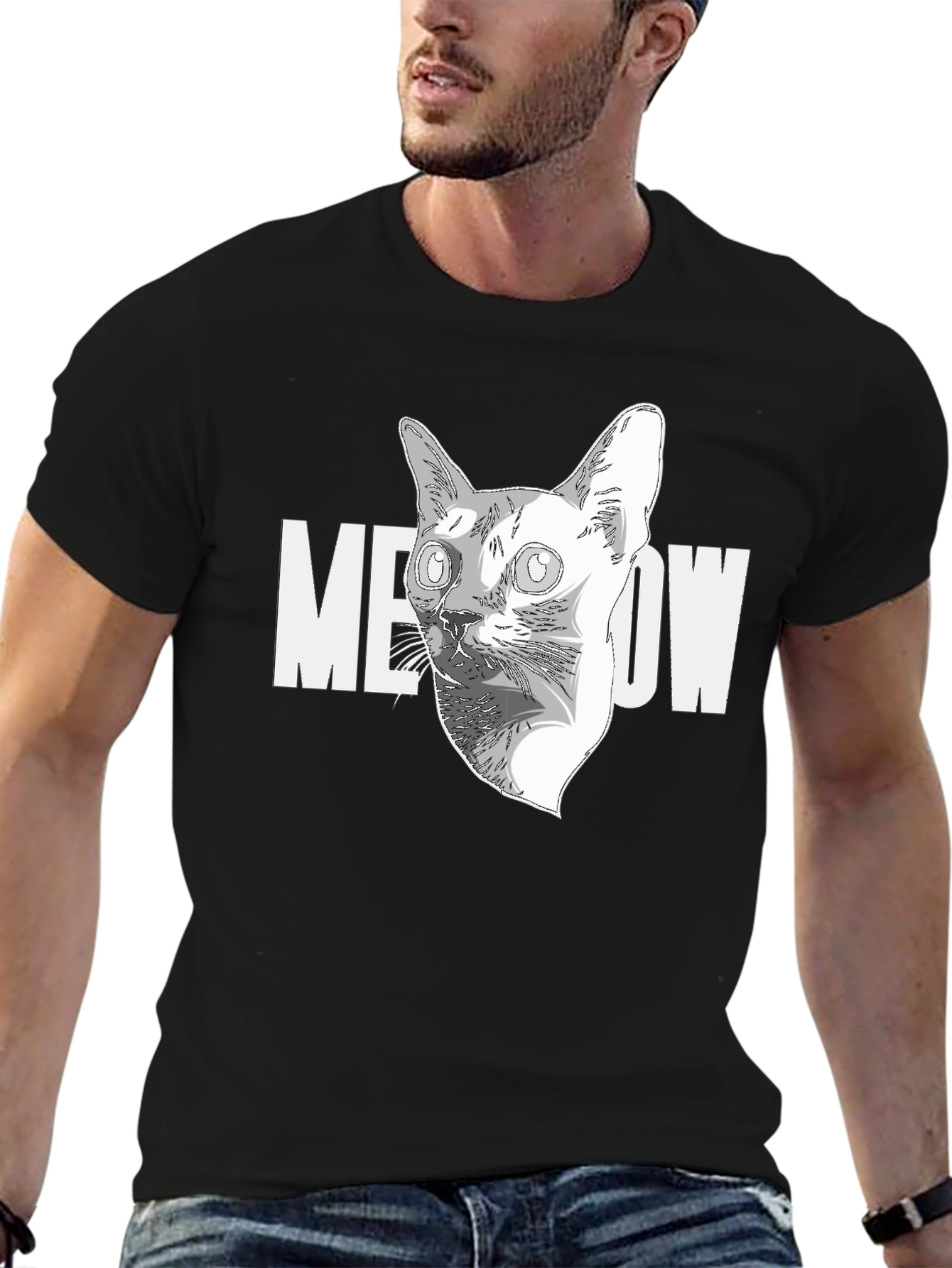 Meow Cat Graphic Black T-Shirt