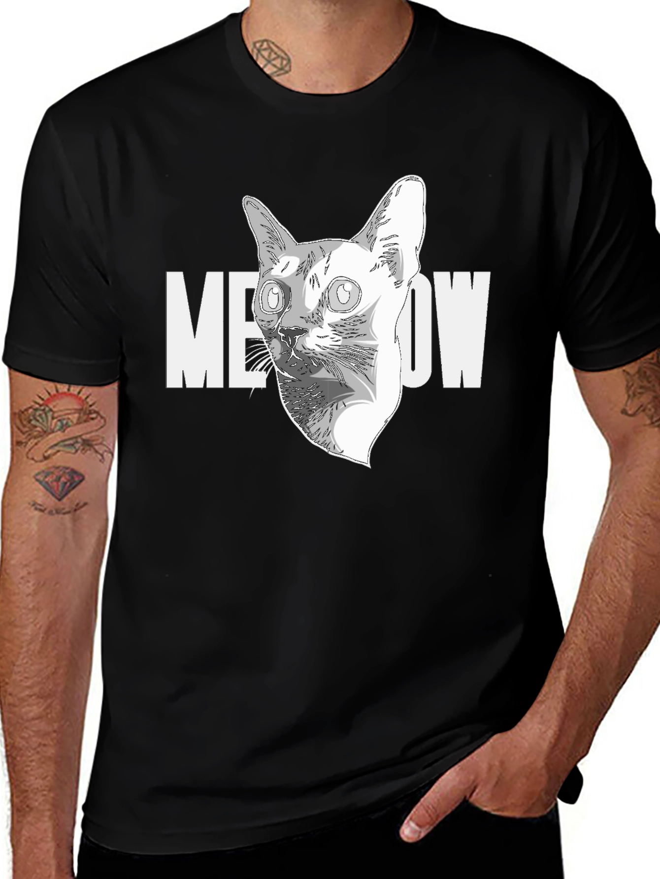 Meow Cat Graphic Black T-Shirt