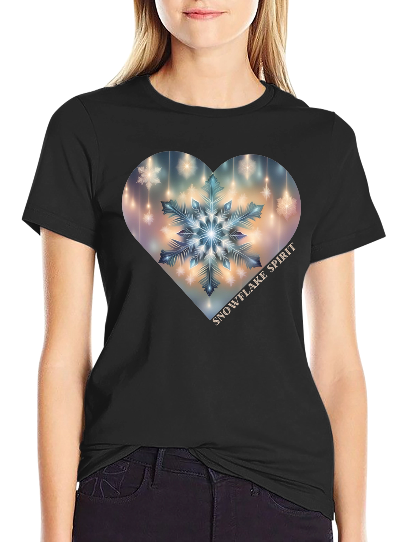 Snowflake Spirit Heart Graphic Tee - Black