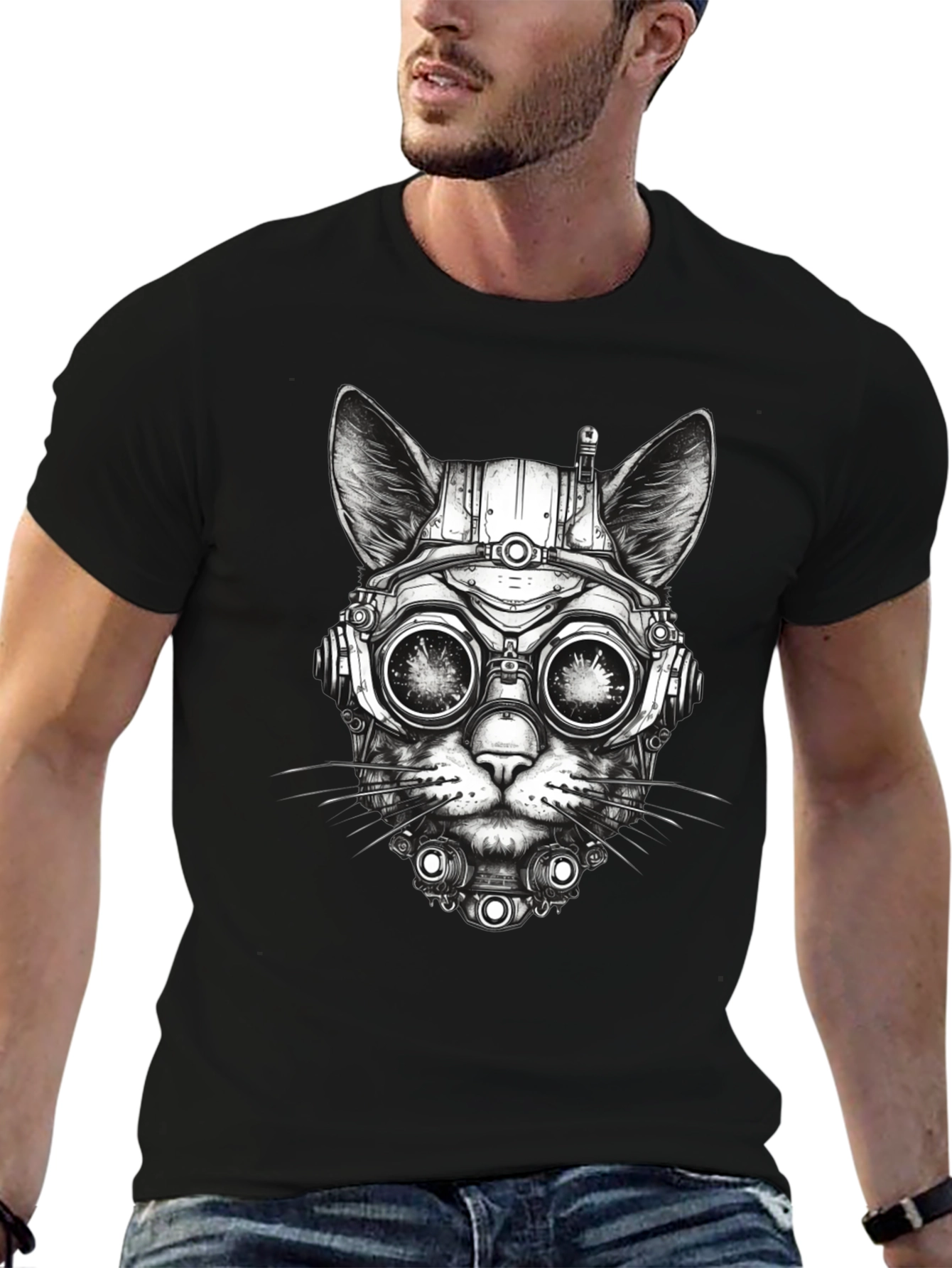 Steampunk Cat T-Shirt - Futuristic Feline Design