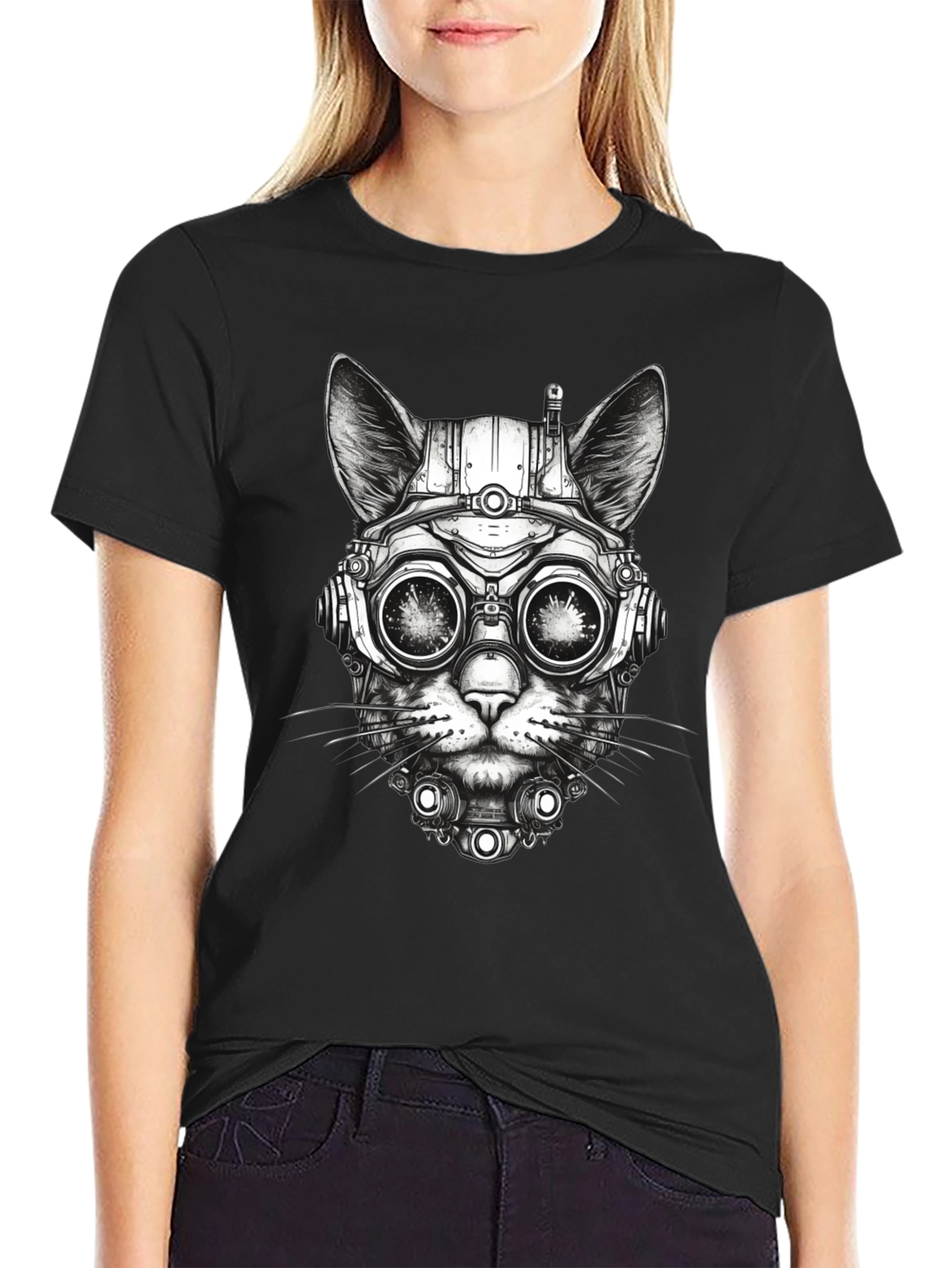 Steampunk Cat T-Shirt - Futuristic Feline Design
