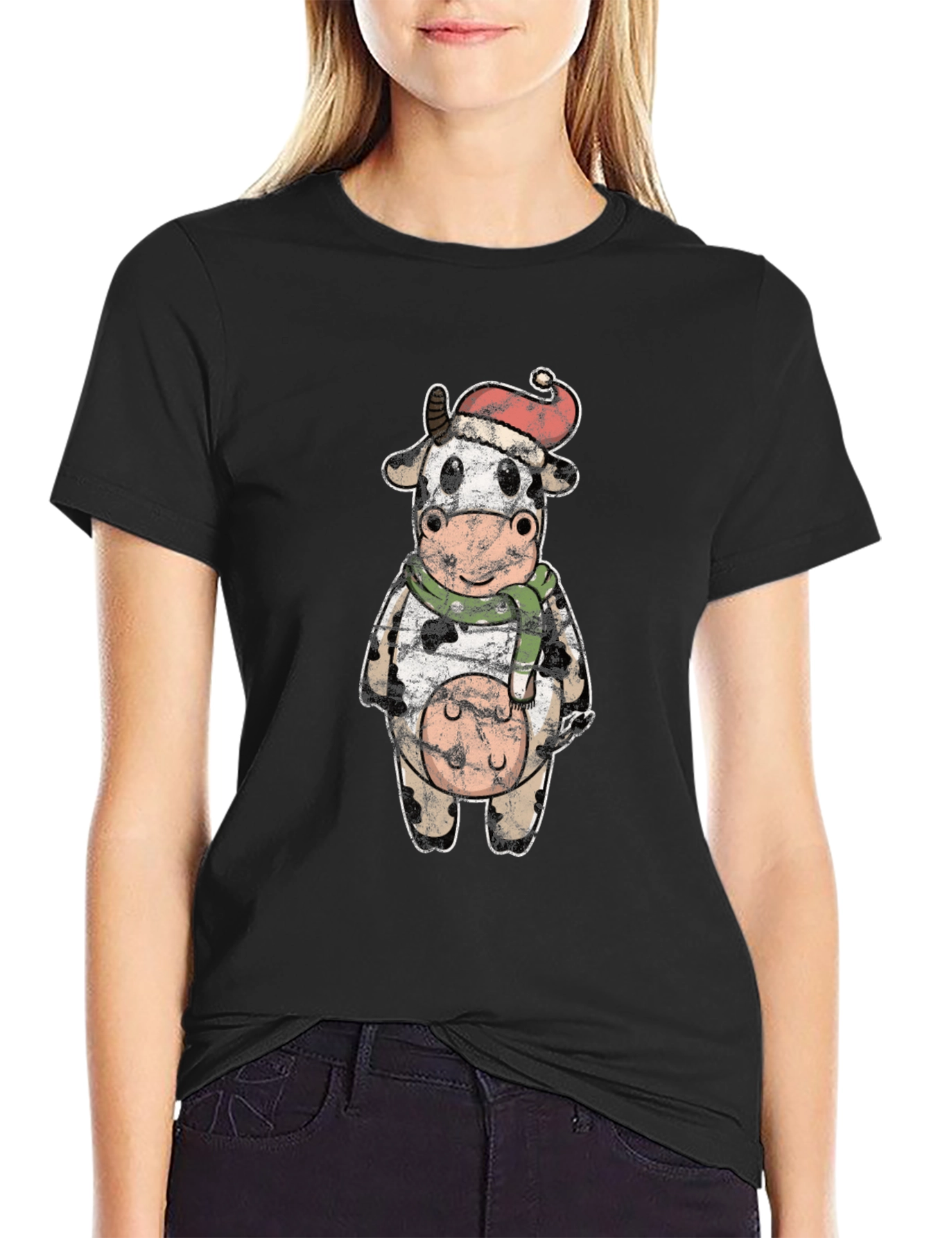 Festive Cow Graphic Tee - Holiday Season Style